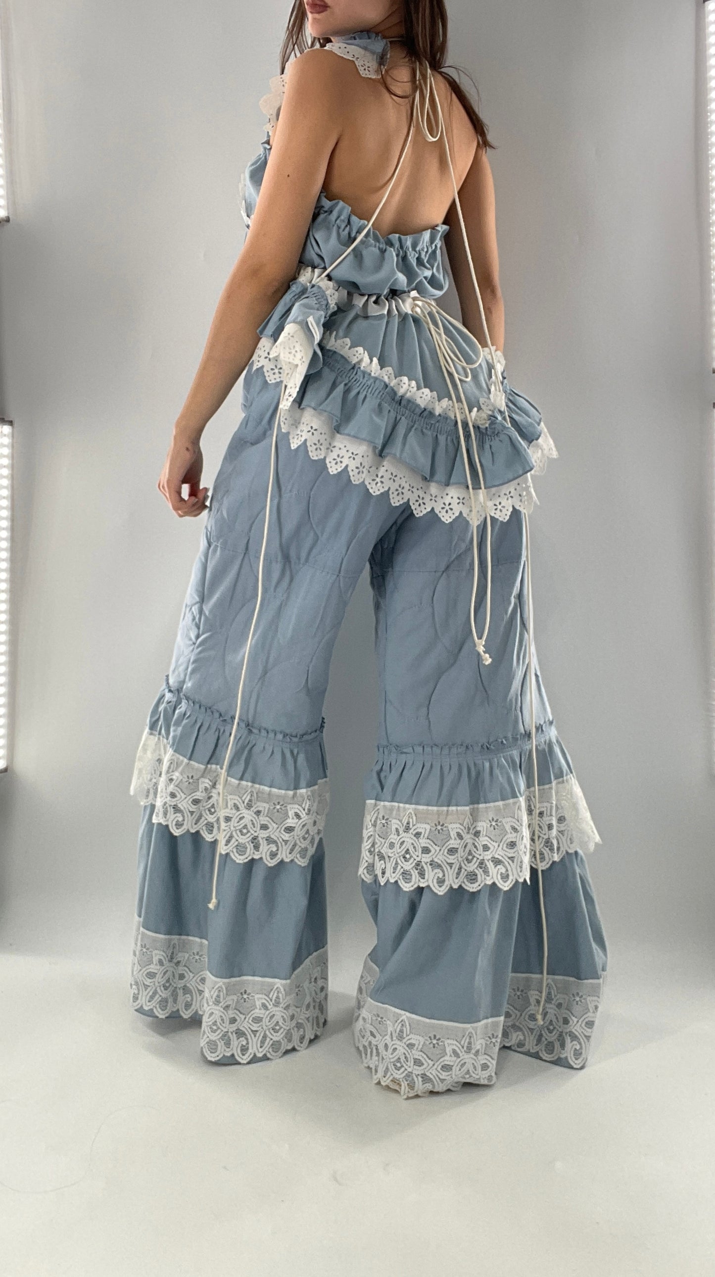 Vintage 2 Piece Powder Blue Set Featuring 2Way Blouse and Quilted Trousers Covered in Ruffles, Lace and Trim (One Size)