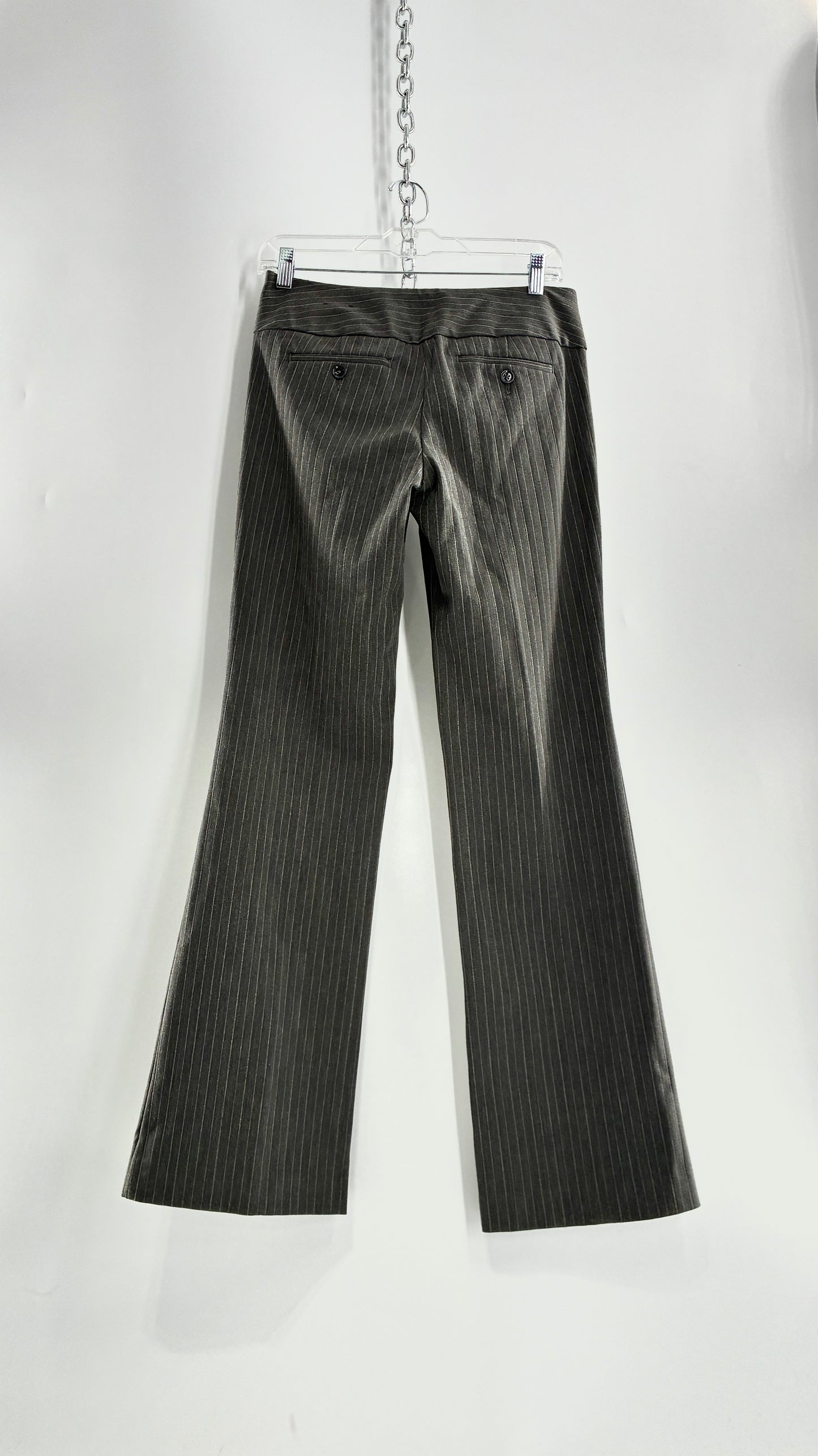Vintage 1990s EXPRESS Editor Dark Grey Pinstripe Ultra Low Rise Thick Hip Band Kick Flares (2)