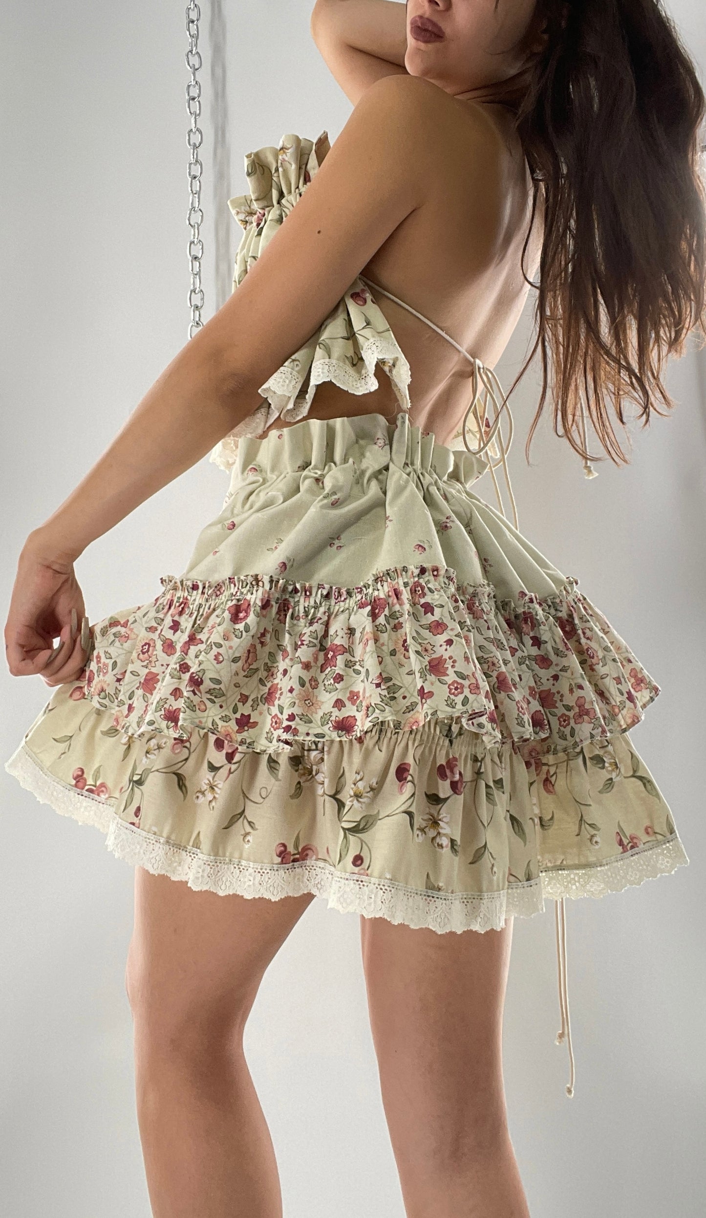 Vintage Cherry Cottage Set with Tiered Ruffled Skirt and Ruched, Backless Top (One Size)