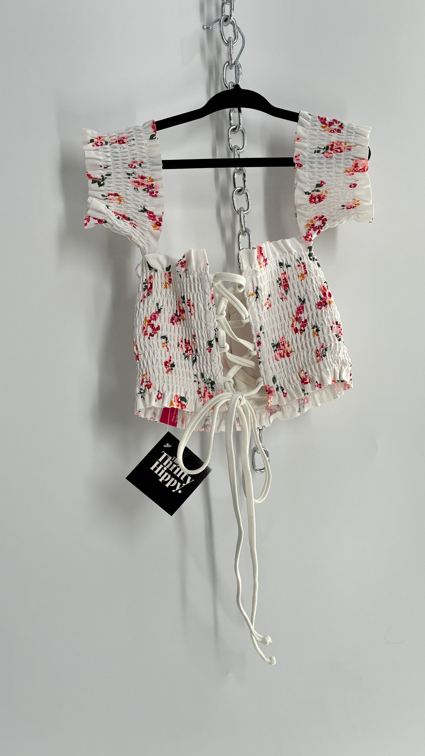 White Floral Smocked Off the Shoulder Underwire Swim Top with Tags Attached (Medium)