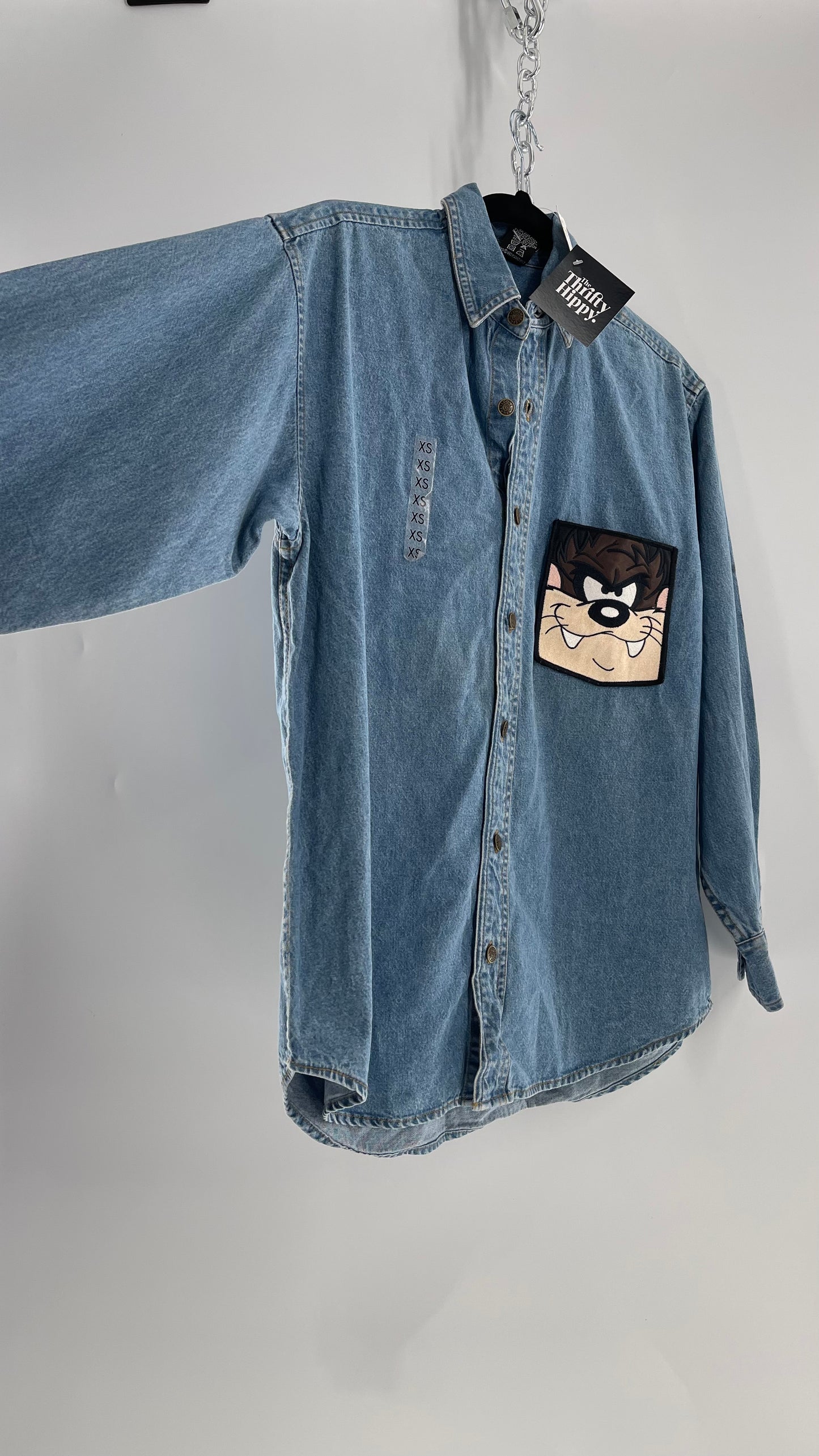 Deadstock Vintage Warner Bros Looney Tunes Denim Longsleeve with Embroidered Taz Pocket (XS/S)