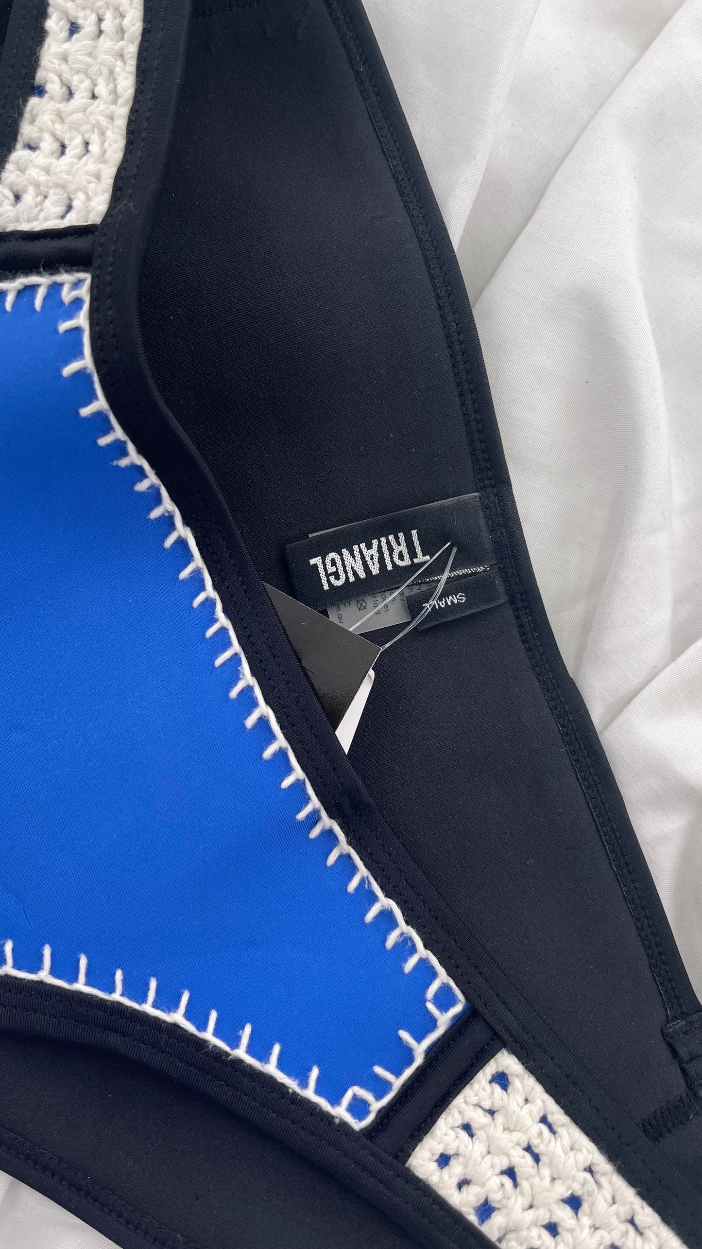 TRIANGL Swim Royal Blue and Black Neoprene Swim Bottoms with Crochet Sides (Small)
