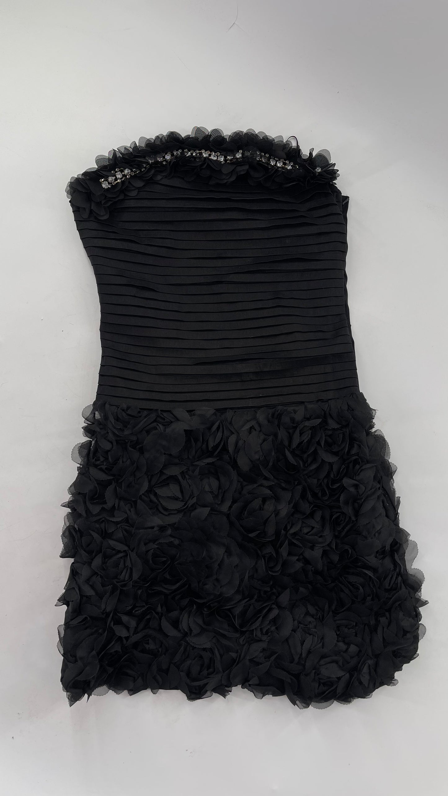 C.O:GWBG Black Dress with Pleated Bodice, Floral Ruffled Skirt and Bedazzled Bustline (S/M)