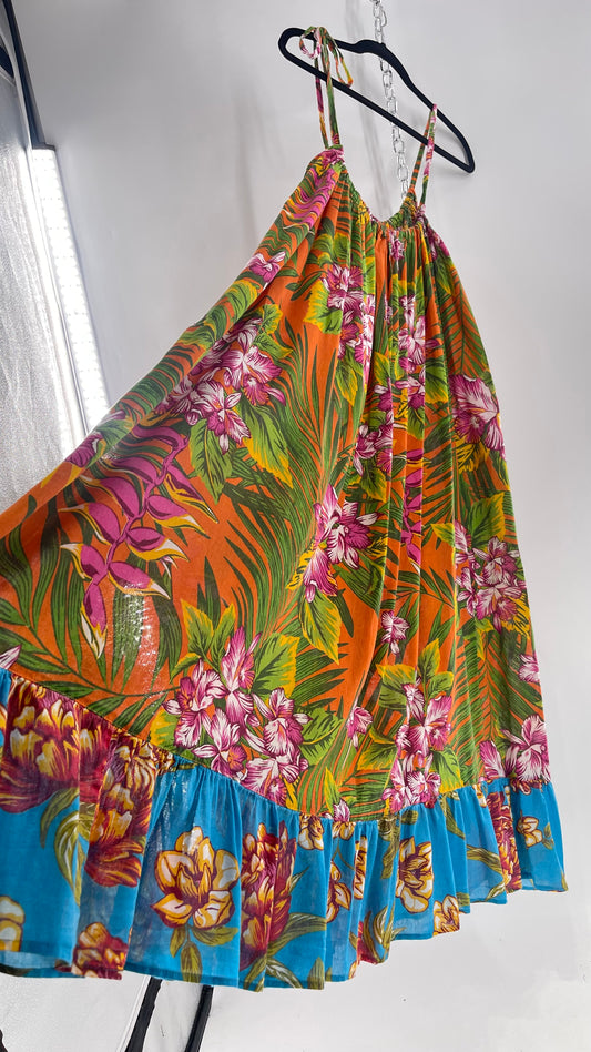 Handemade Brazilian Color Blocked Orange/Blue Floral Maxi (One Size)