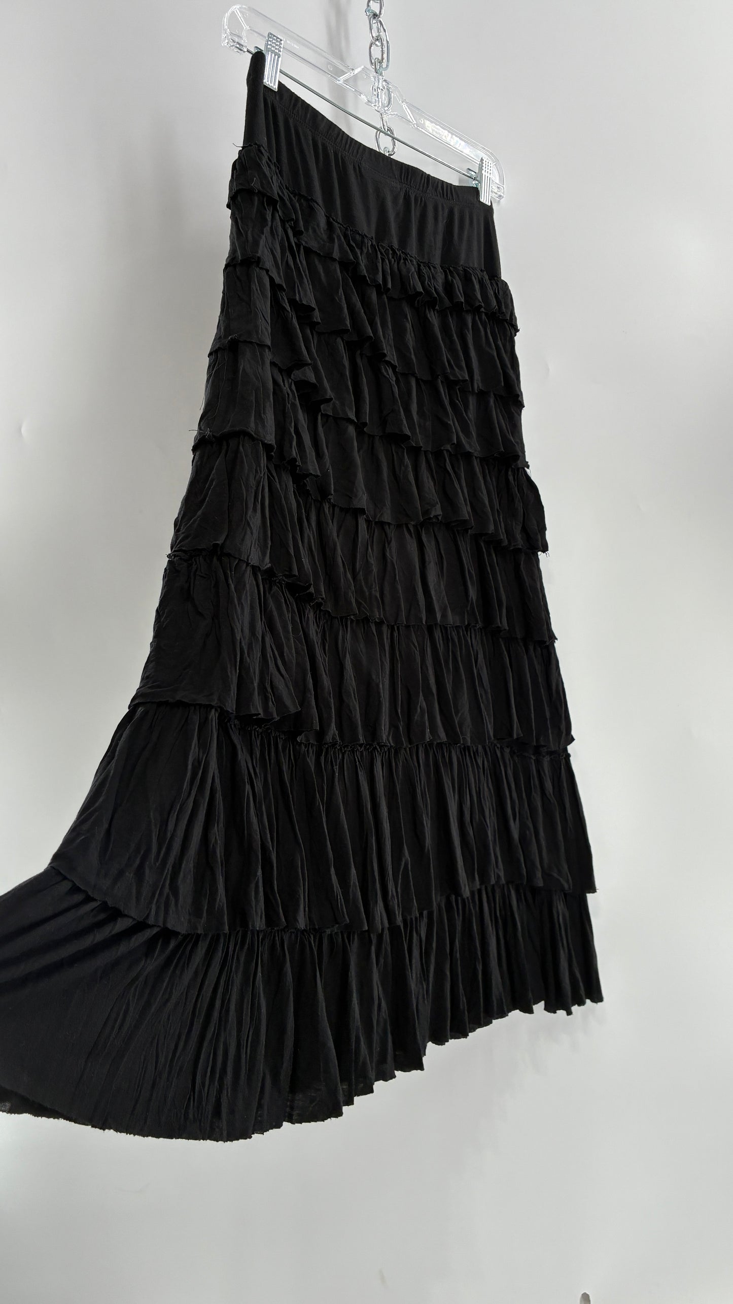 Vintage Black Ruffled 100% Viscose Ruffled Maxi Skirt (PSmall)