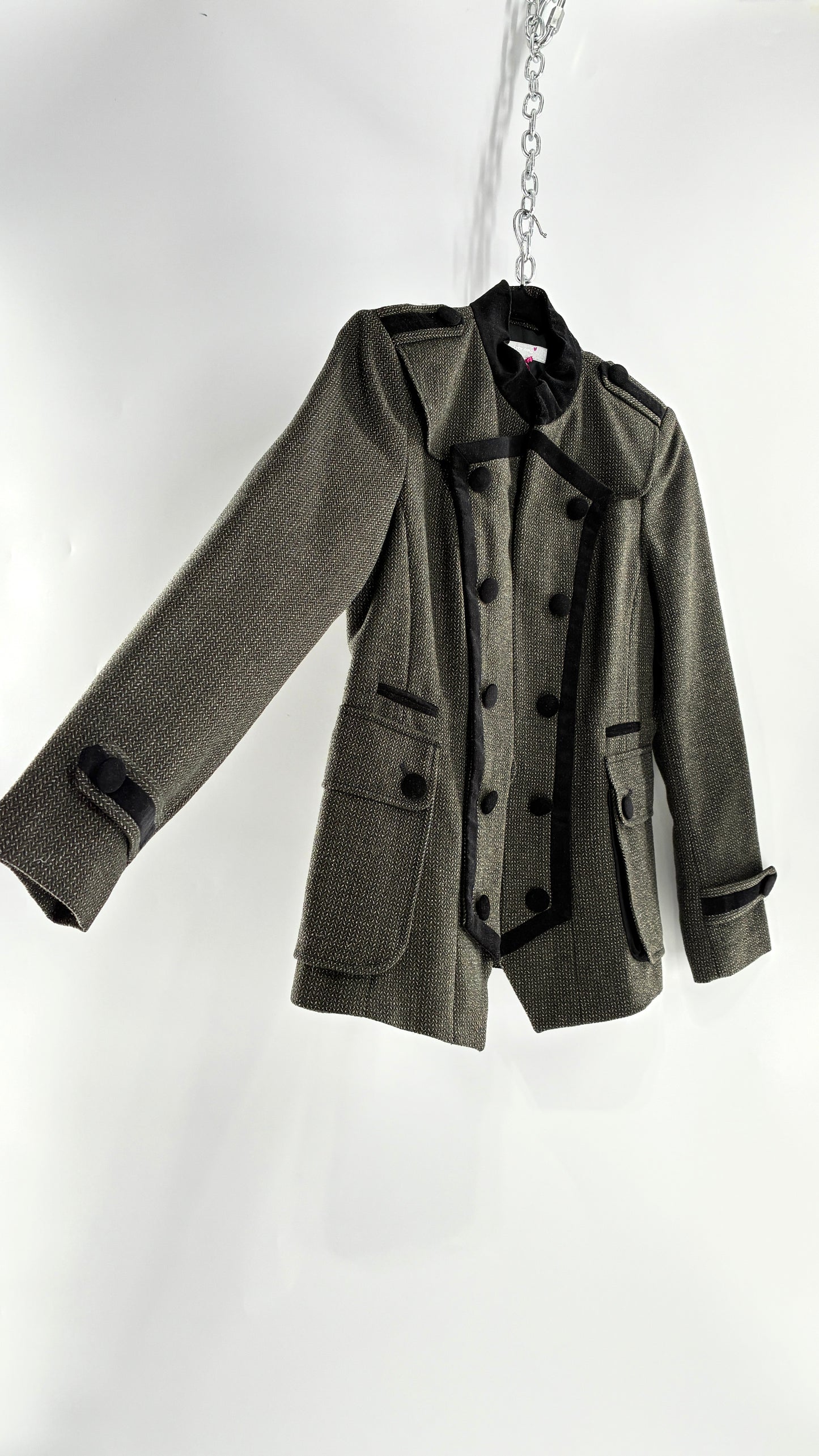 Deadstock Vintage PER UNA 41% Wool Grey Drummer Military Jacket with Black Velvet Piping and Tags Attached (12)