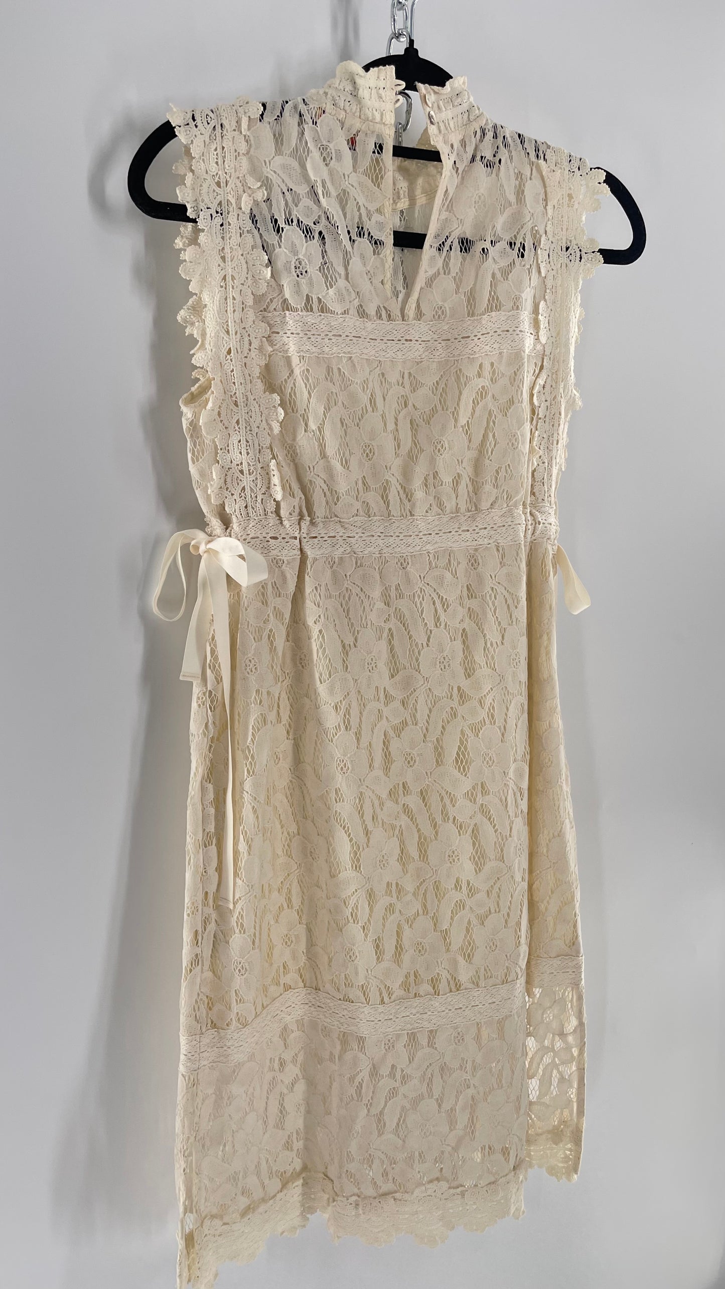 Eri + Ali Anthropologie Velvet Lace MIDI Dress with High Neckline and Side Bow Ties(XS)