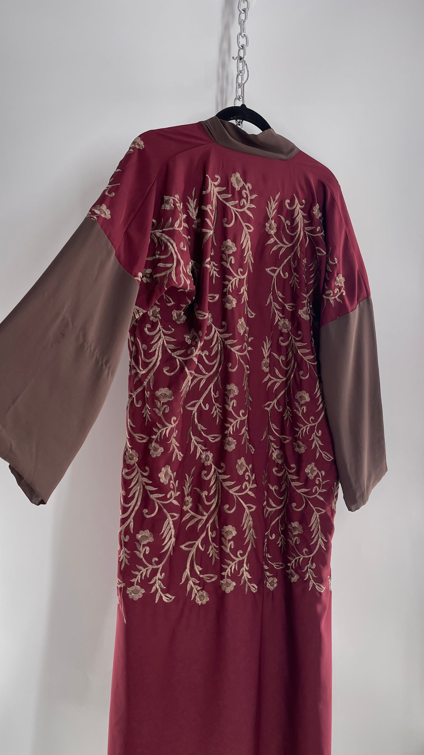 Vintage Embroidered Burgundy Sweeping Duster Coat/Cape with Tan Embroidery