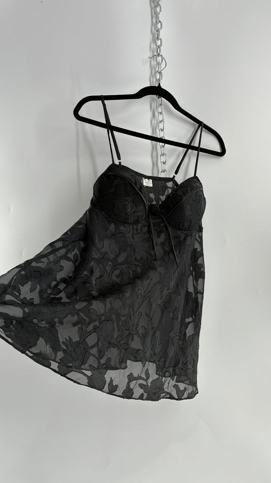 Vintage Black Floral Babydoll Camisole with Rosette Bust