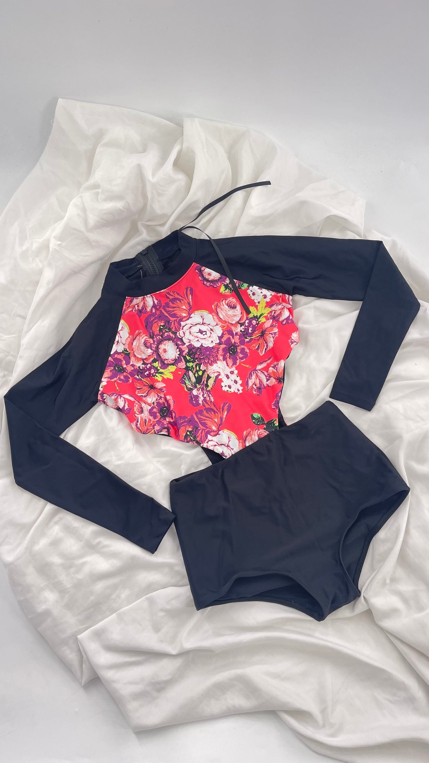 BEACH RIOT x Free People Black Long Sleeve Swimsuit with Hot Pink Floral Torso and Cut Outs (XS)