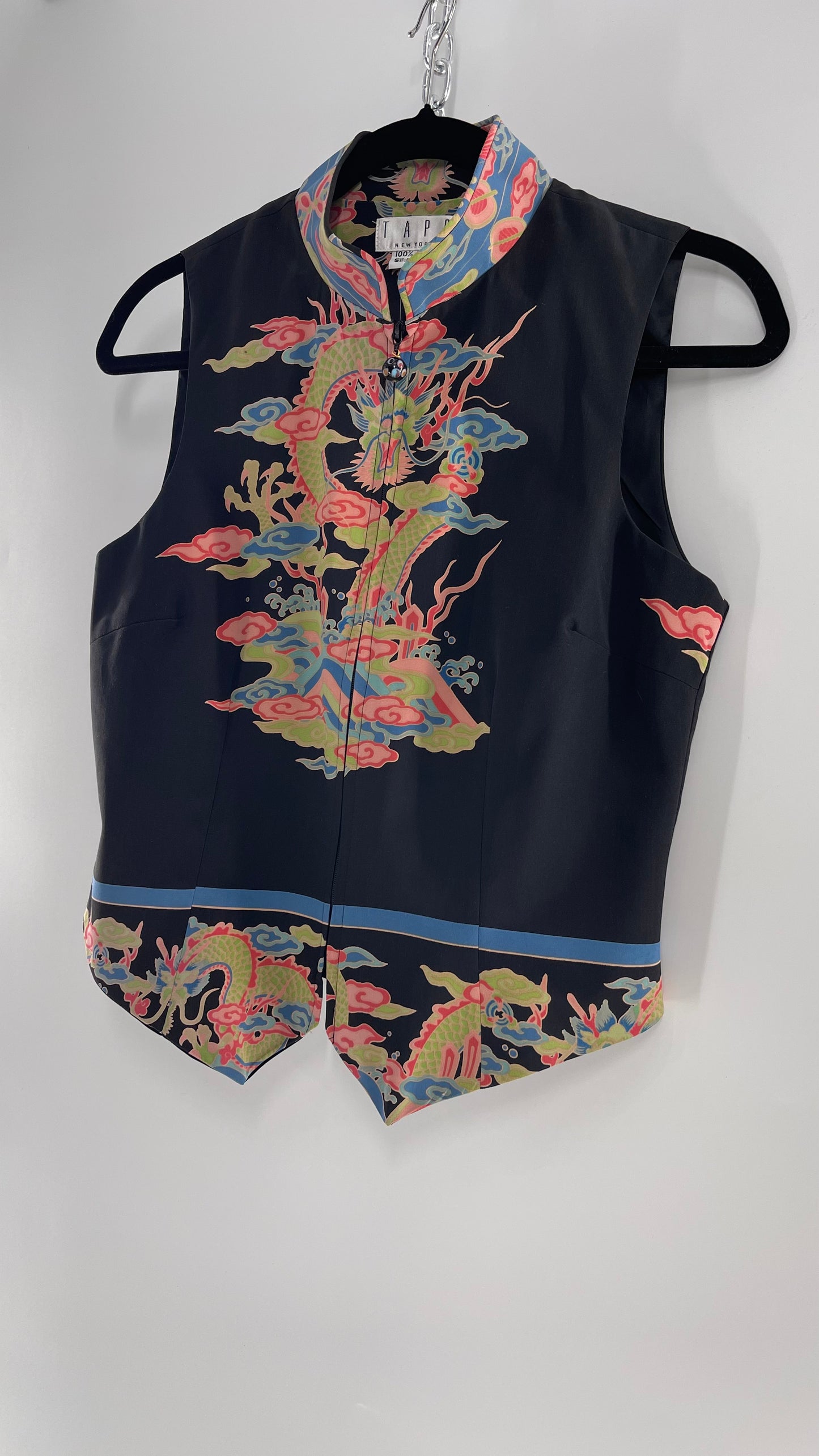 Vintage 1990s TAPP NEW YORK 100% Dragon Graphic Zip Front Crop Sleeveless Vest Top Silk (Medium)