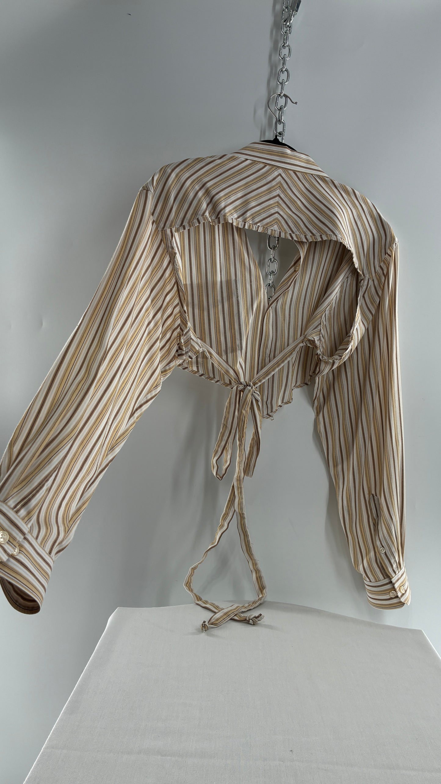 Vintage VAN HEUSEN Reworked Button Front Backless Mustard Yellow, Brown Striped Blouse (One Size)