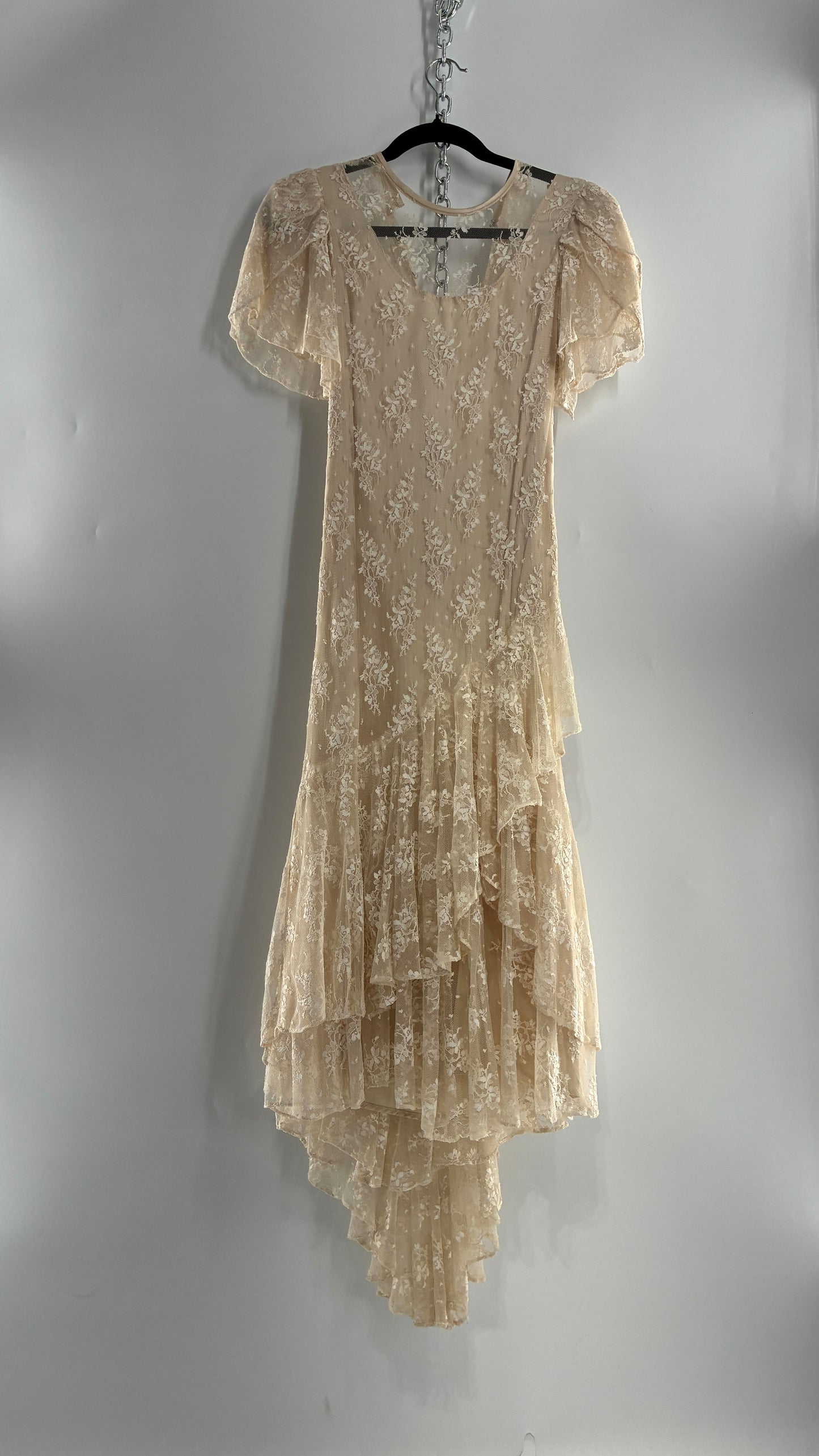 Vintage Ivory Lace Gown with Petal Sleeves, Tiered Hemline (5/6)