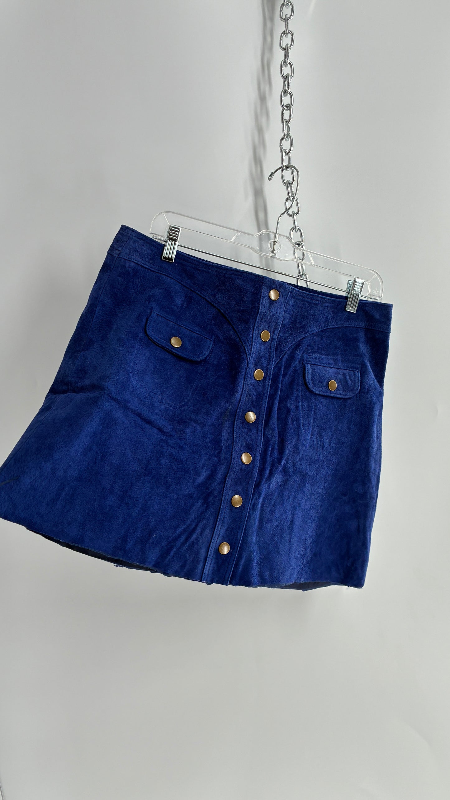 Anthropologie Royal Blue Suede Leather Button Front Skirt with Pocket Details and Vintage Stitching (12P)