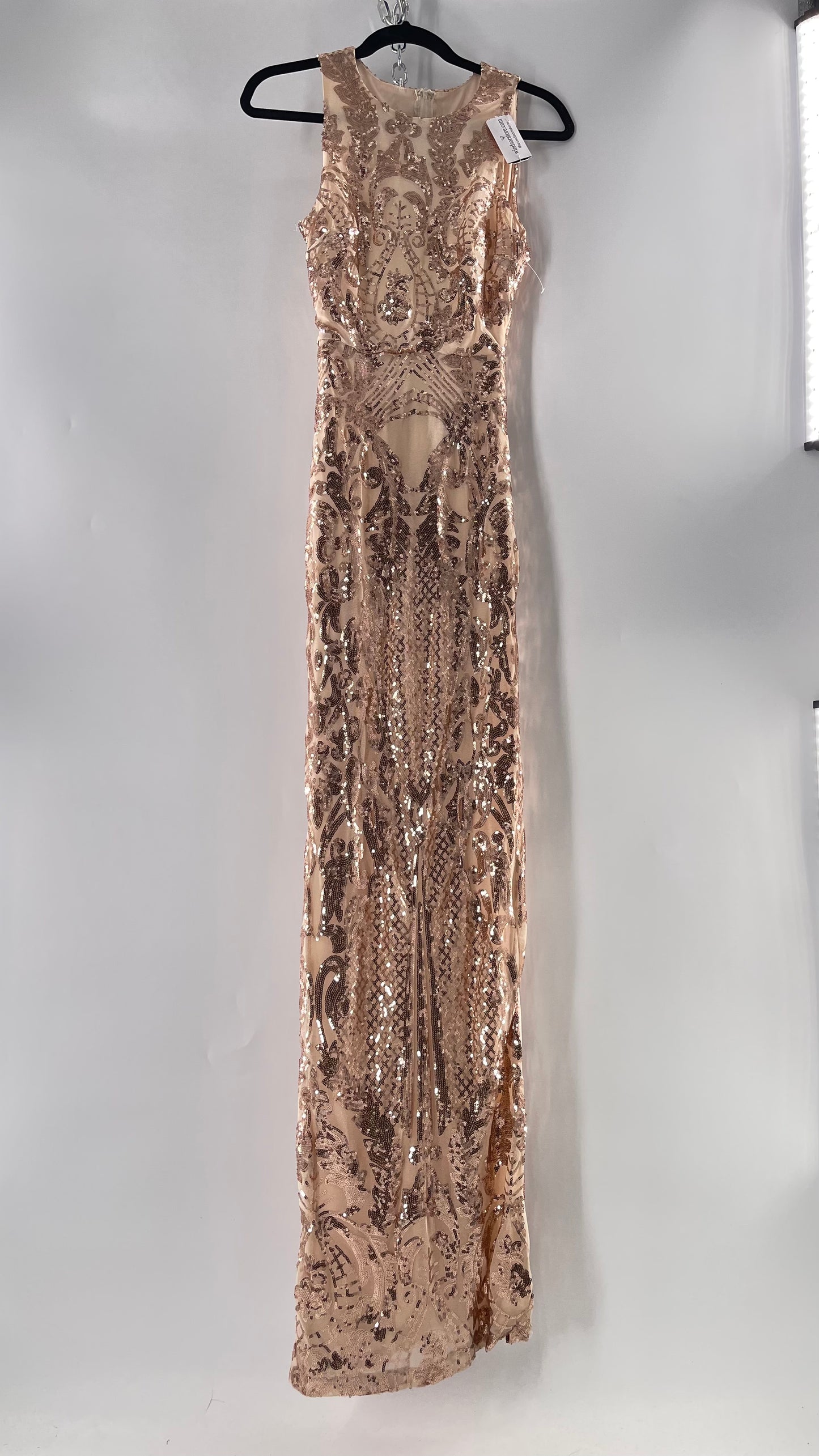 Windsor Rose Gold Sequin Maxi Dress with Side Slit Detail and Open Back (Small)