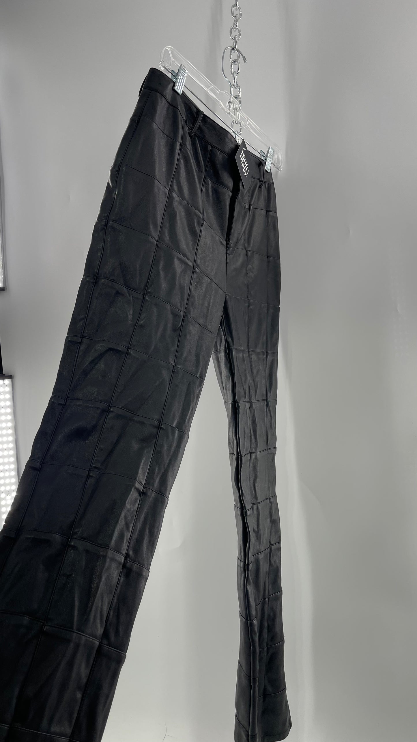 MOTEL Black Faux Leather Checkered Kick Flares (XL)