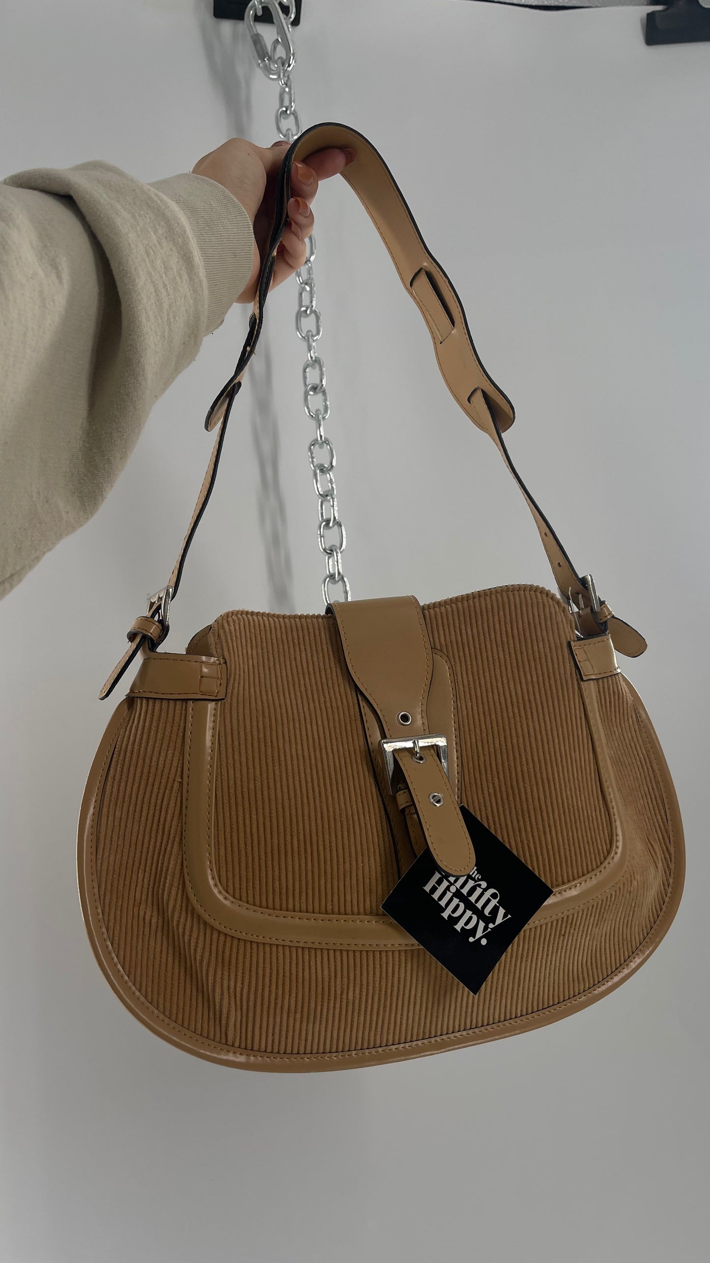 Vintage Tan Corduroy Bag with Buckle Closure
