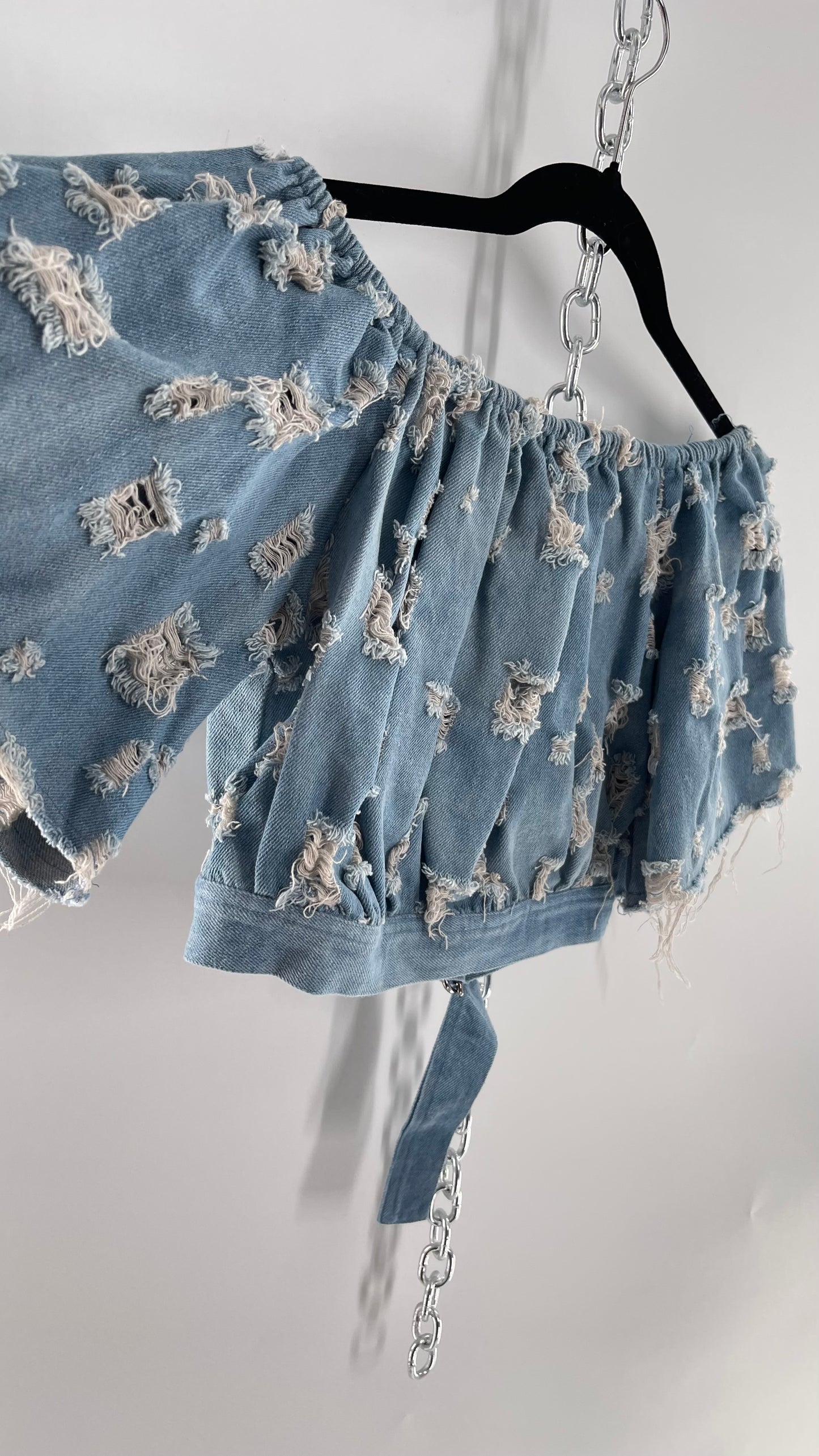 Homage Distressed Denim Crop Top with Keyhole Bust Cutout and Buckle (Medium)