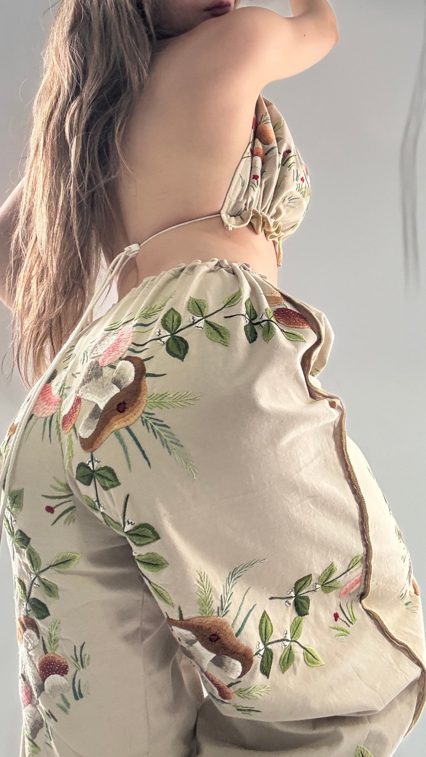Vintage Custom Handmade and Hand Embroidered Two Piece Set with Mushrooms, Vines, and Ladybugs (XS-L)
