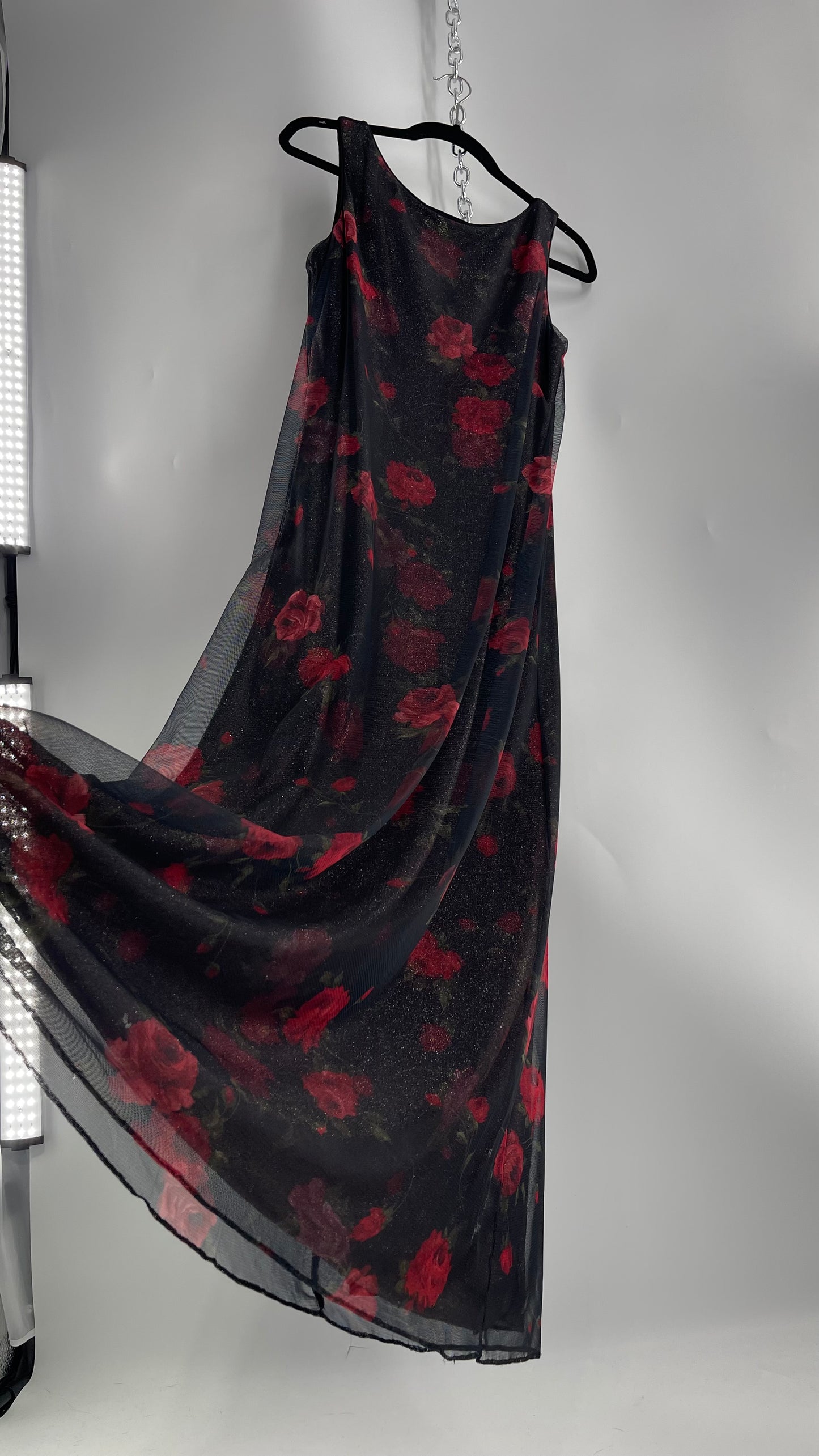 Vintage TEDDI EVENING Dress with Red Rose Layer Over Glitter Graphic and Black Base Layer (10)