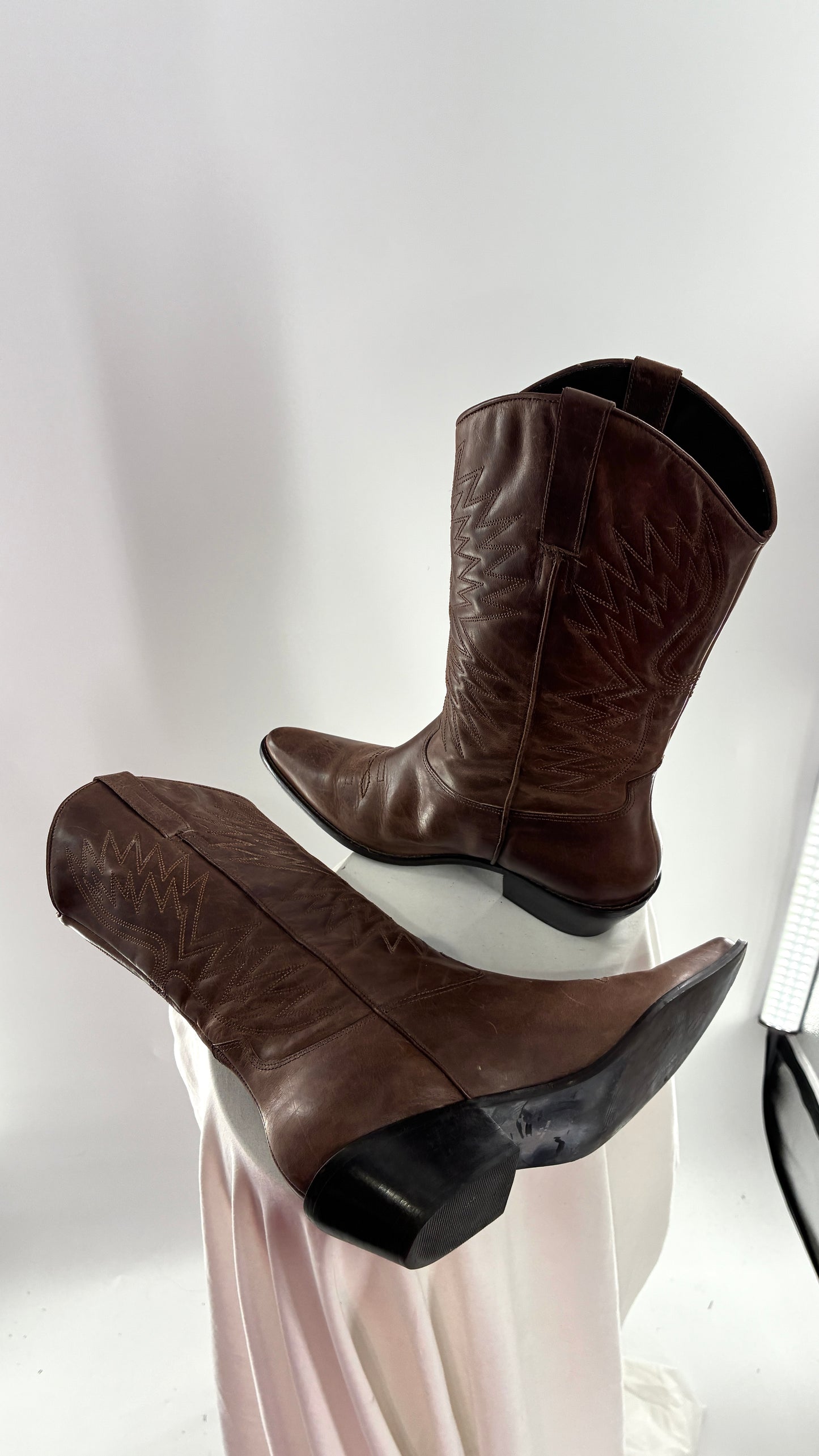 Vintage Genuine Leather Brown Cowboy Boots Made in Brazil (9.5)