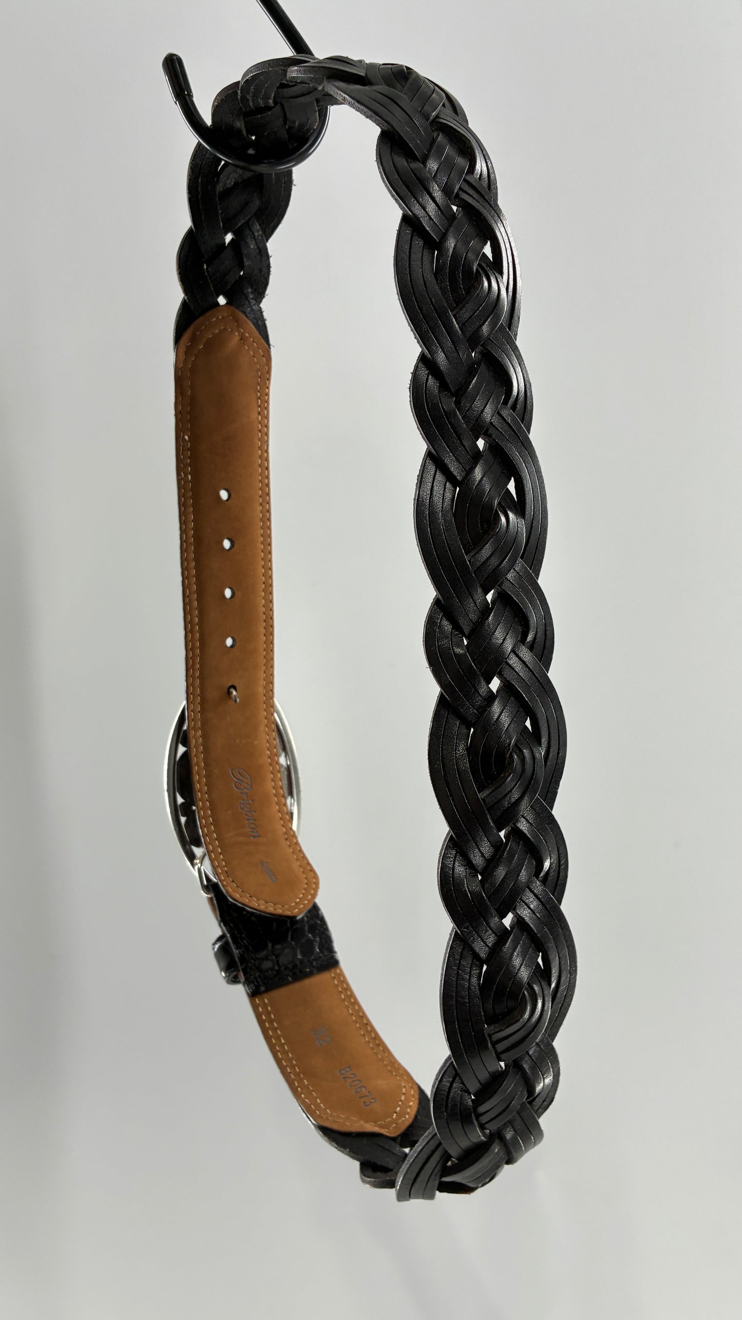 Brighton Black Leather Braided Belt with Oversized Silver Buckle (32)