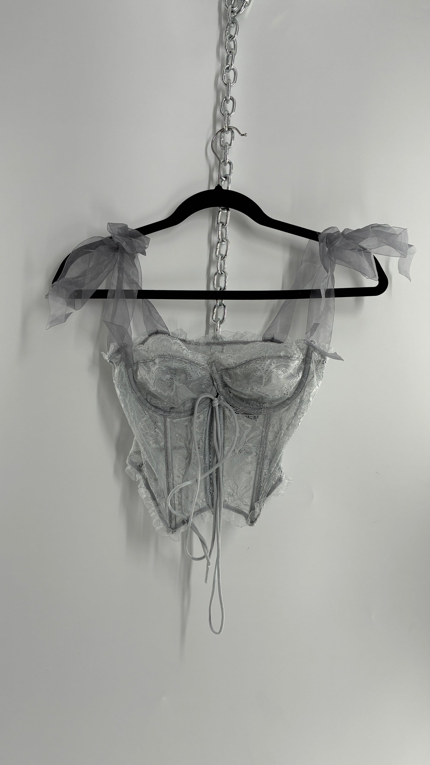 Vintage Light Grey Pointed Hem Lace Corset with Shoulder Bows (XS)