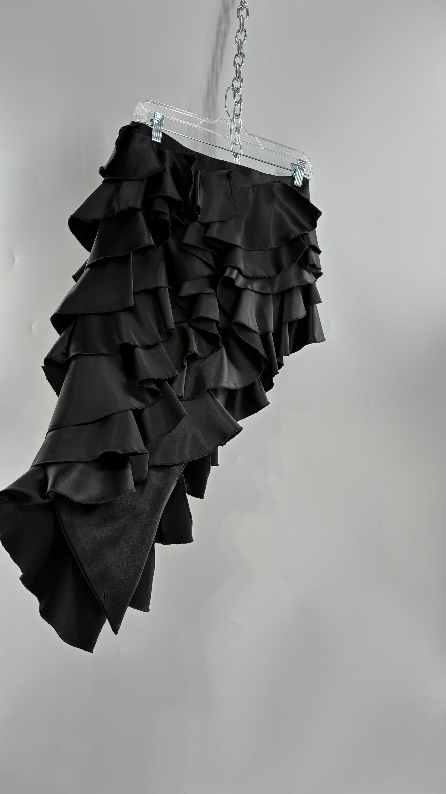 Deadstock Rare 1990s Vintage FRILLY LILLY Black Ruffled Asymmetric Skirt (8)