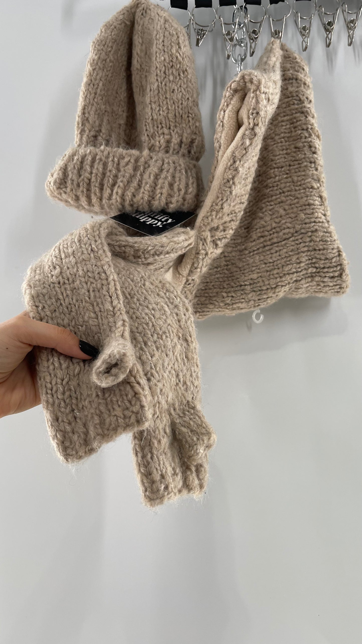Free People Beige/Tan Knit Gloves, Hat and Scarf Set