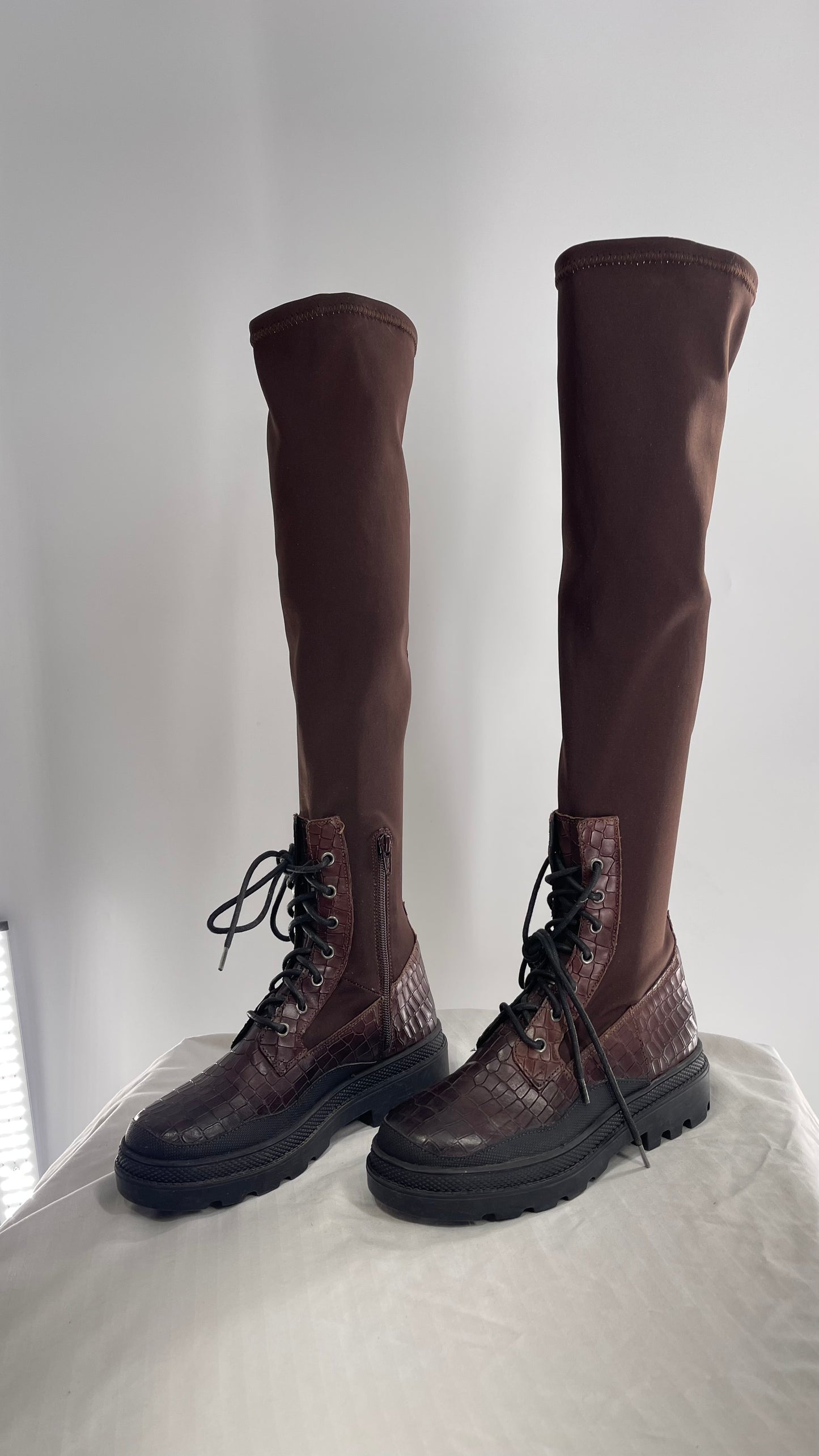 Free People Dark Brown Riding Style Embossed Knee High Platform Boots (37)