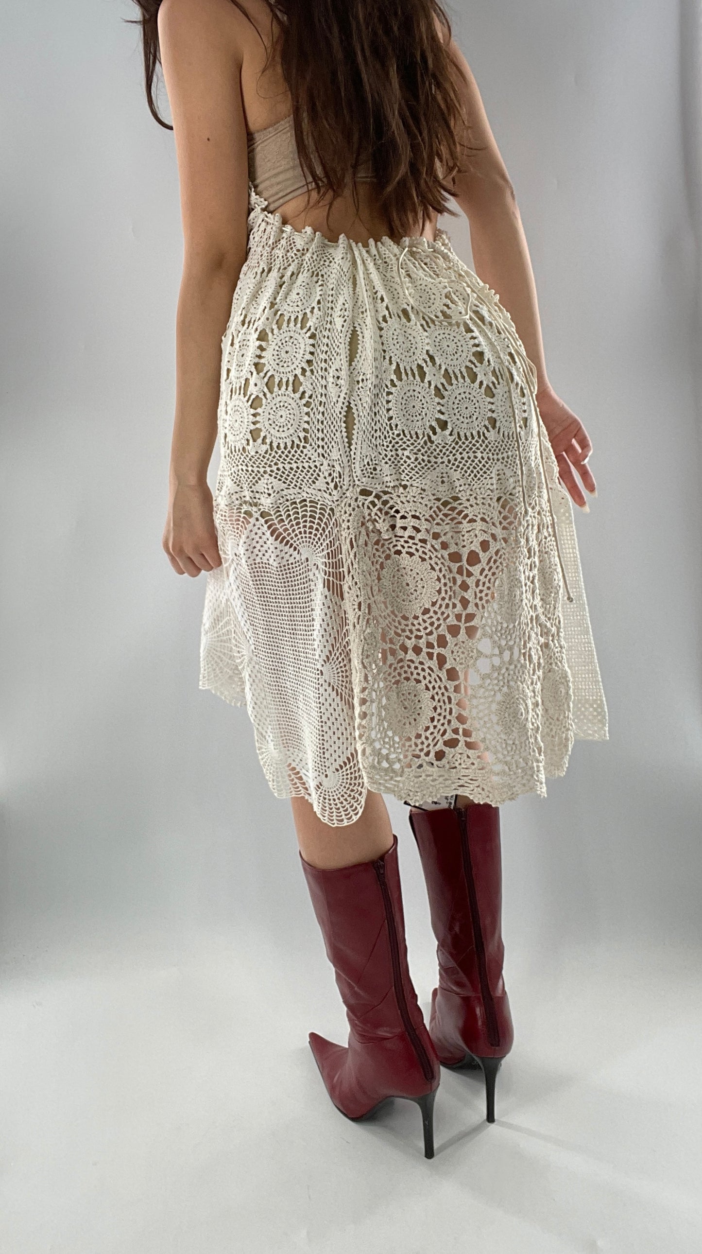 Vintage Handmade Crochet Cottage Adjustable Dress with Open, Low Back (One Size)