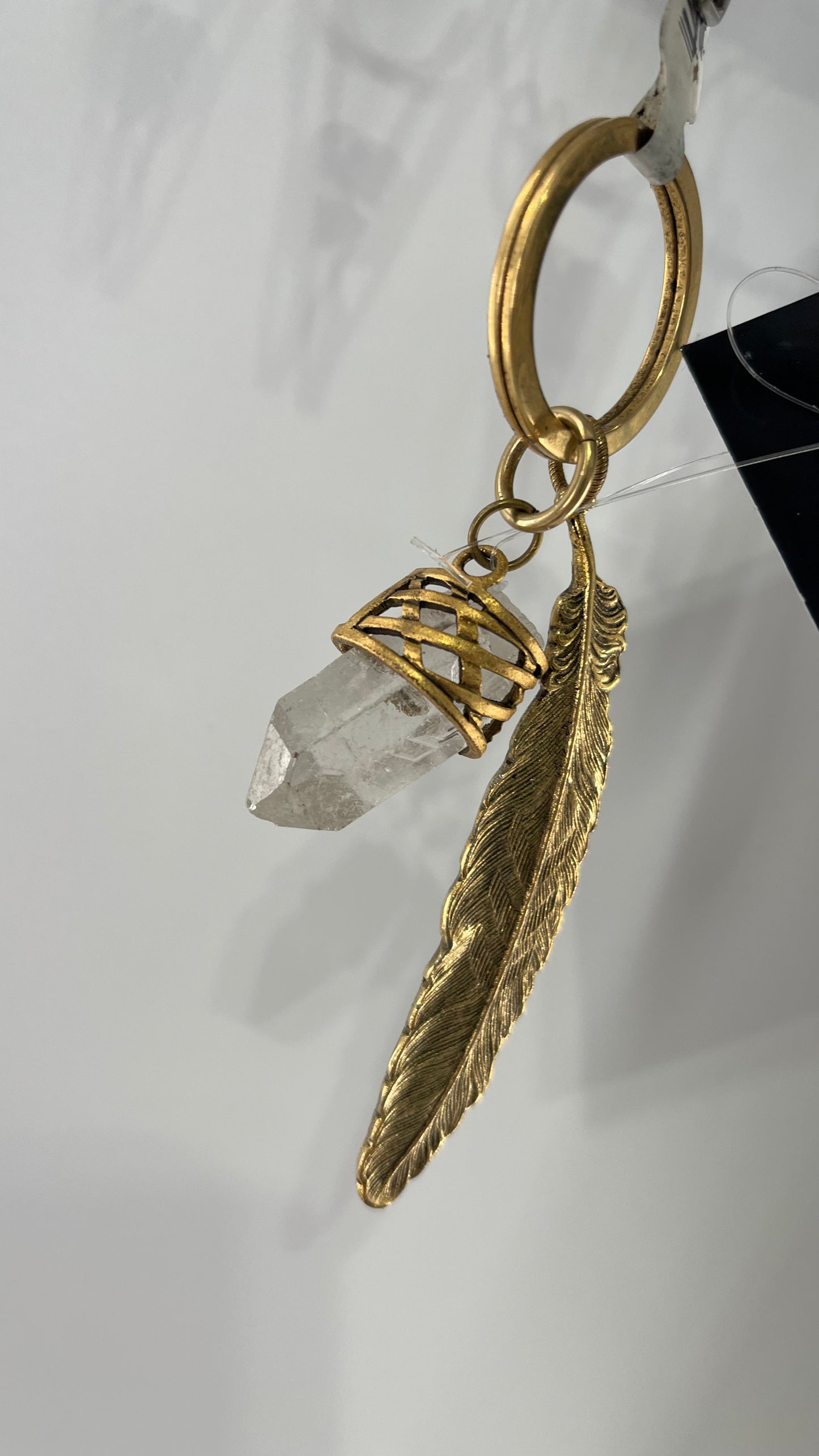 Free People Gold Metal Crystal Keychain with Feather