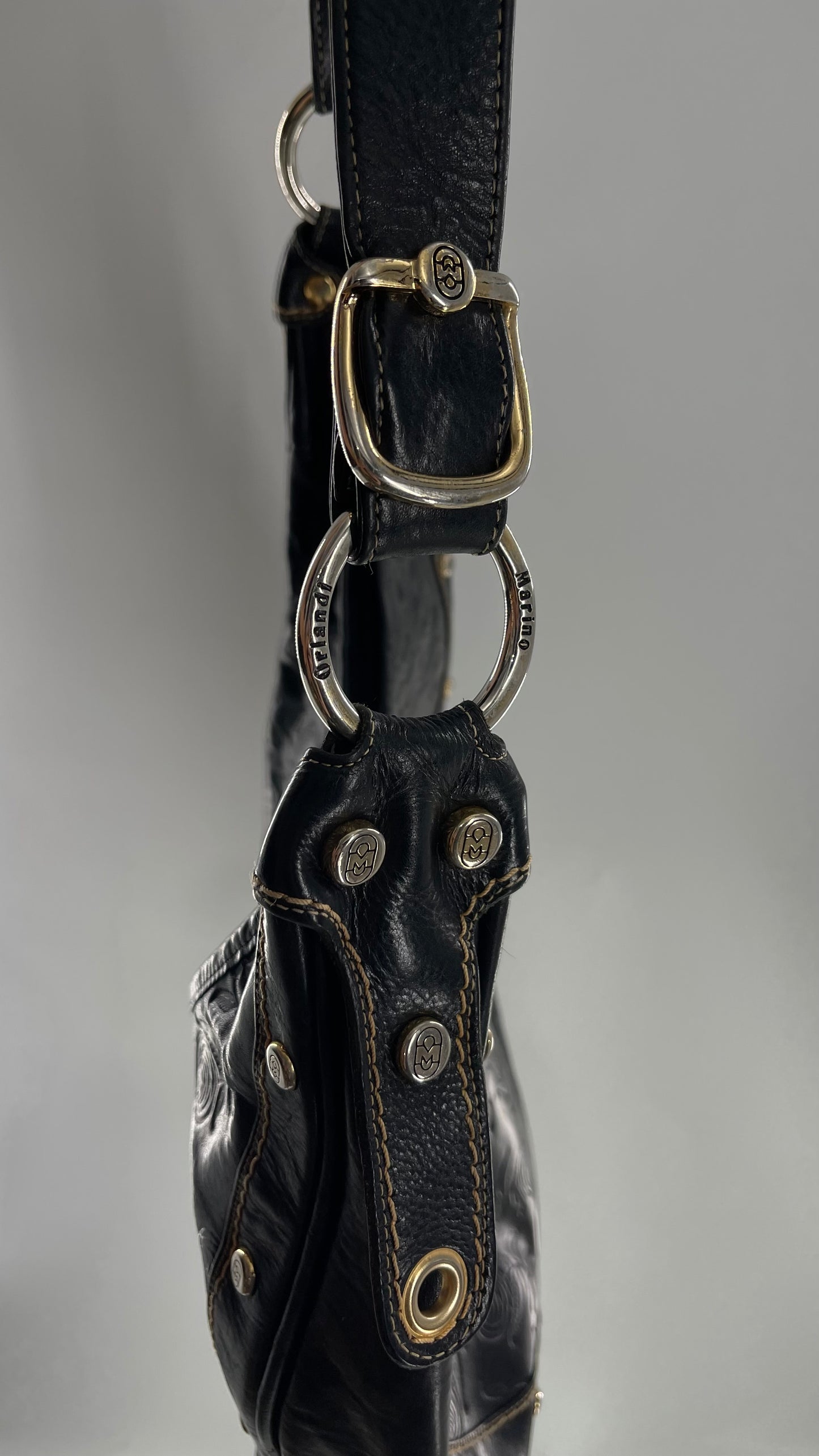 Vintage Marino Orlandi Black Leather Embossed Rose Studded Satchel Bag