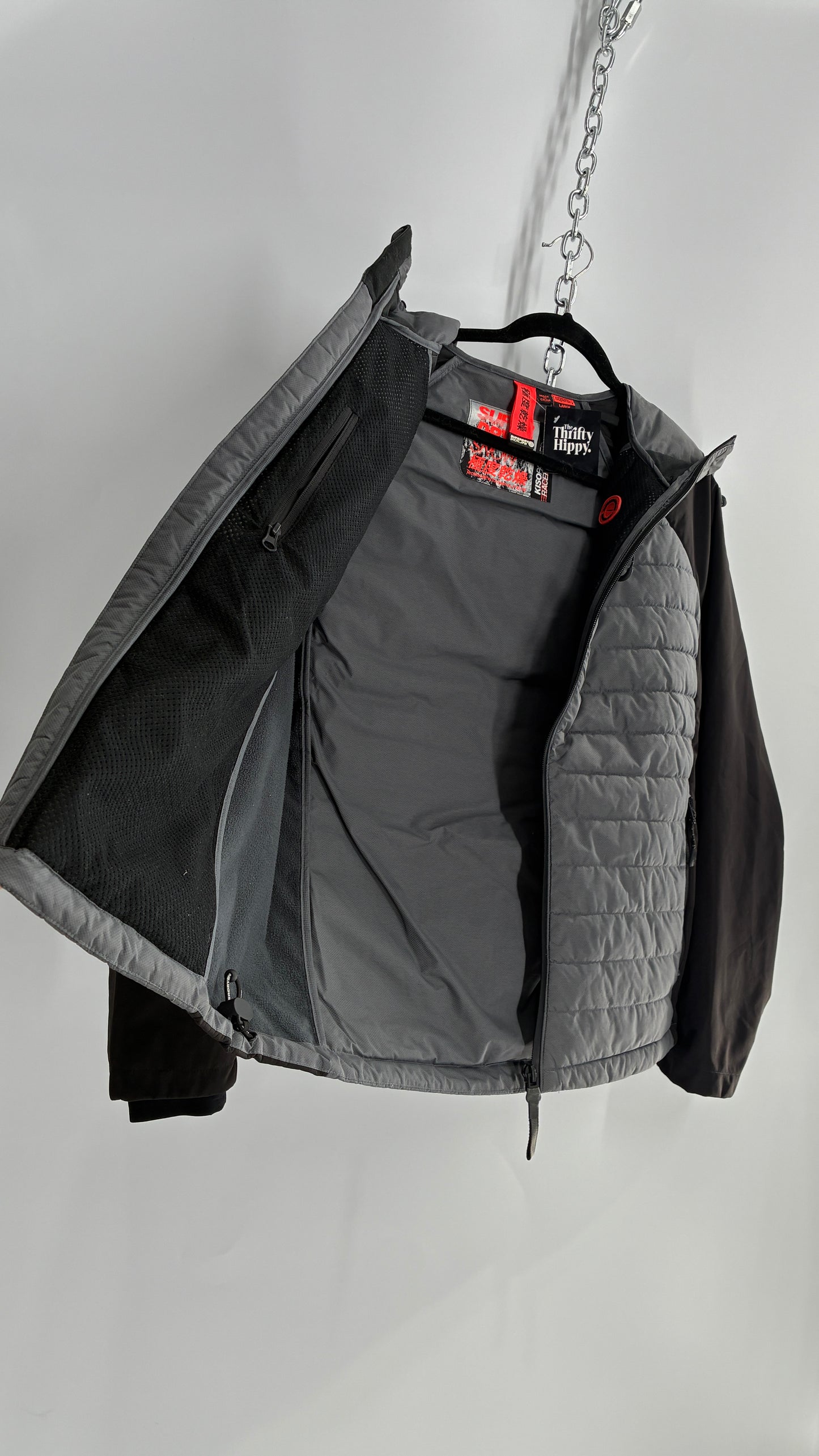 Super Dry Black and Grey Puffer Winter Jacket (Large)