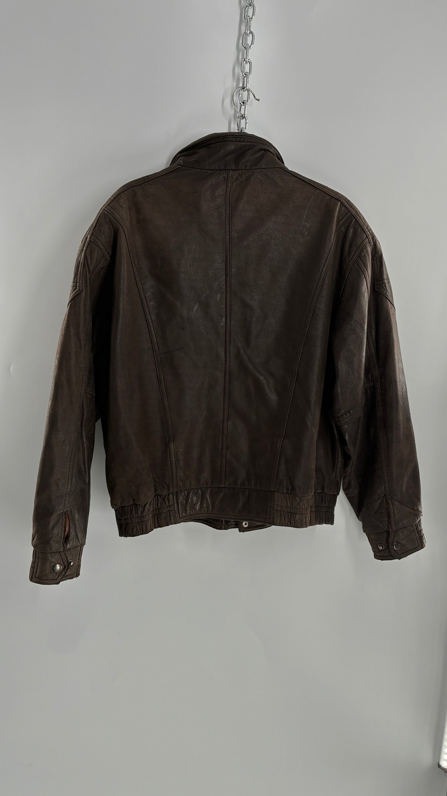 Vintage SAXONY Distressed Leather Bomber Jacket (Medium)