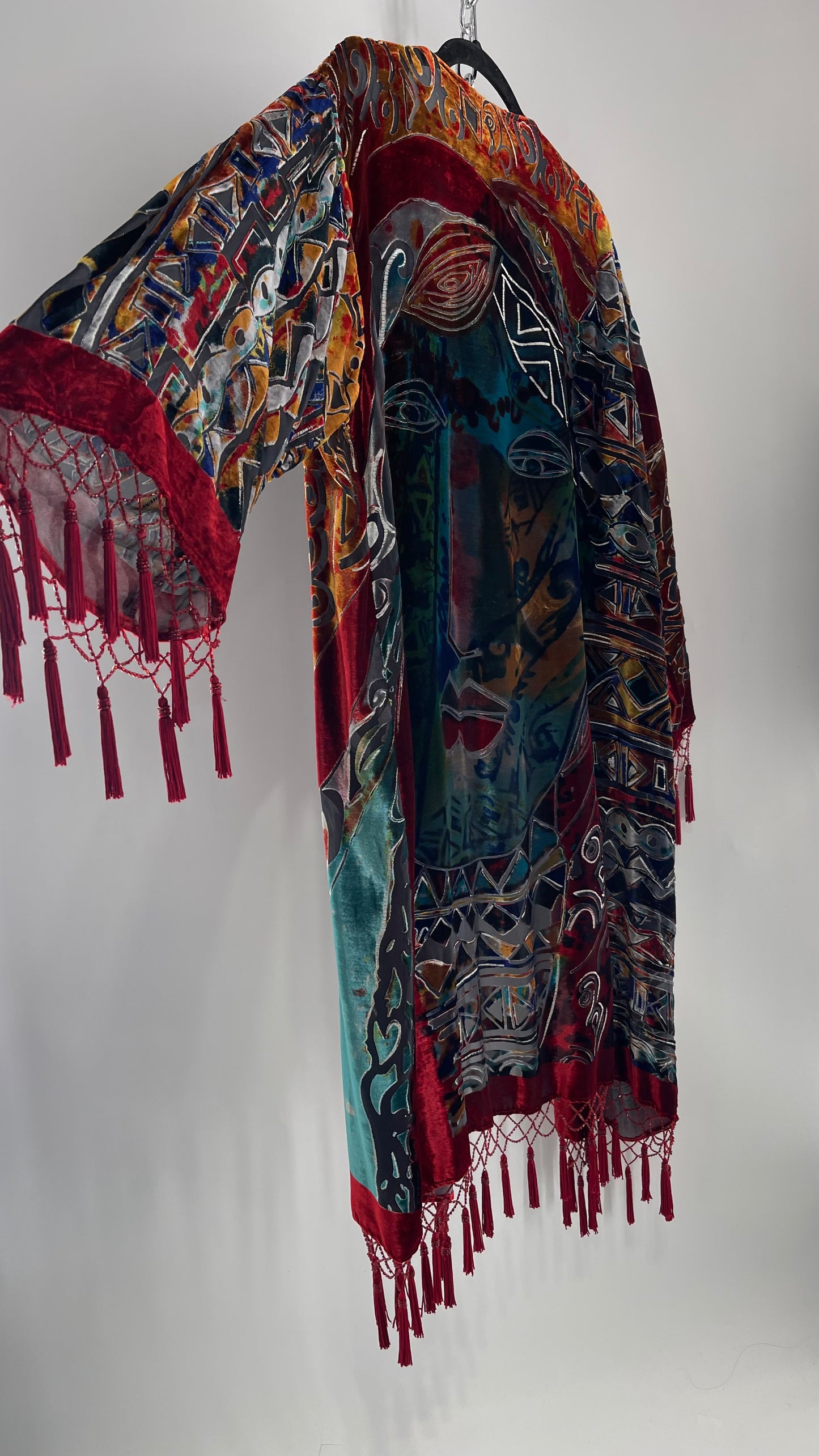 Vintage Burnout Buddhist Motif Velvet/Velour Beaded Fringe Duster Coat/Kimono with Tassel Sleeves and Hems (M/L)