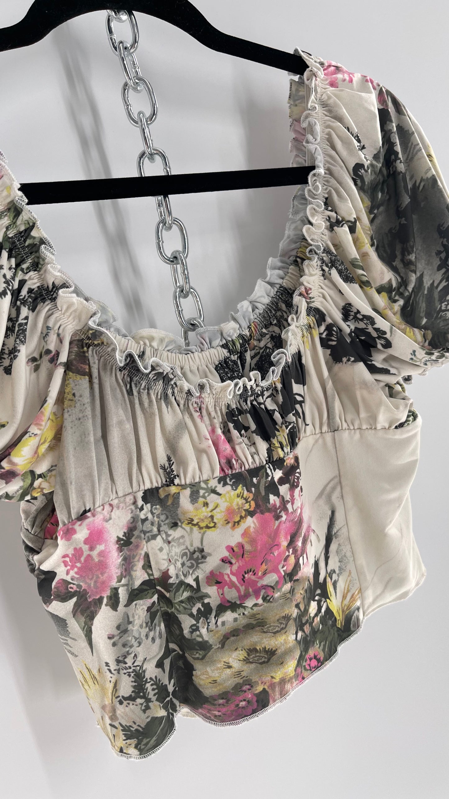 Urban Outfitters Slinky Vintage Inspired Graphic Florals and Milkmaid Style Top (Large)