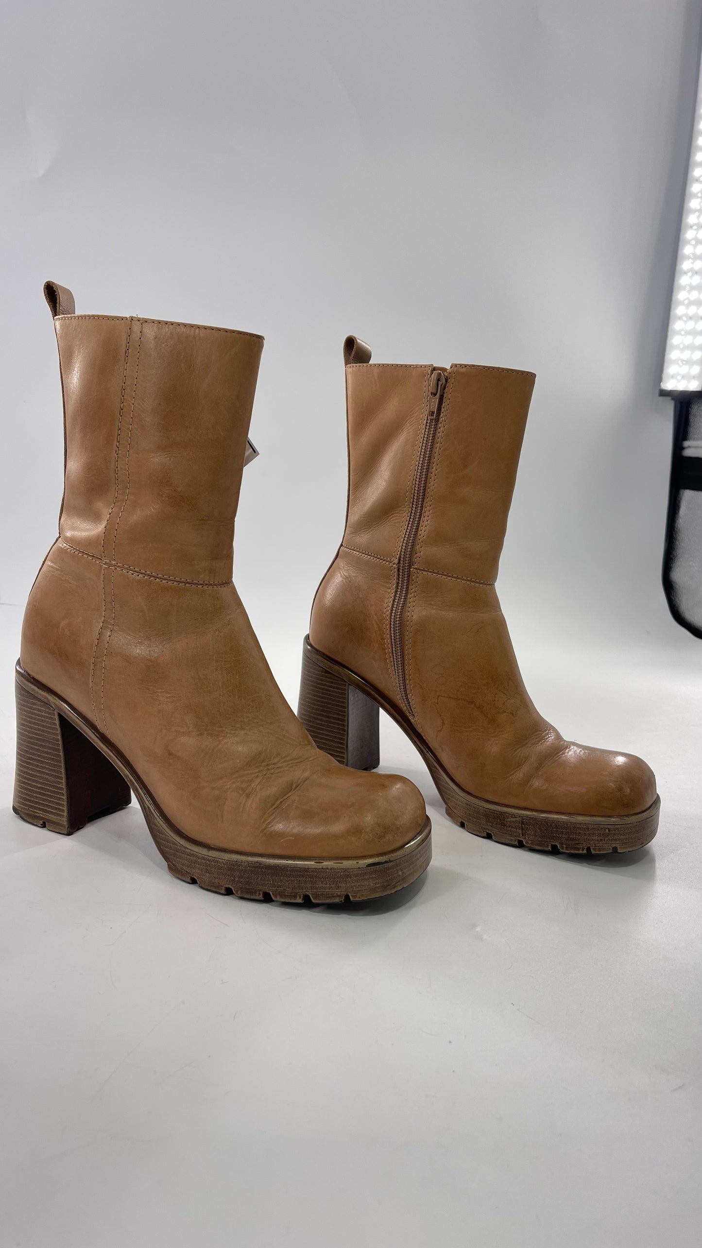Vintage 90s Steve Madden Tan Leather Funky Square Toe Boot with Platform and Chunky Heel