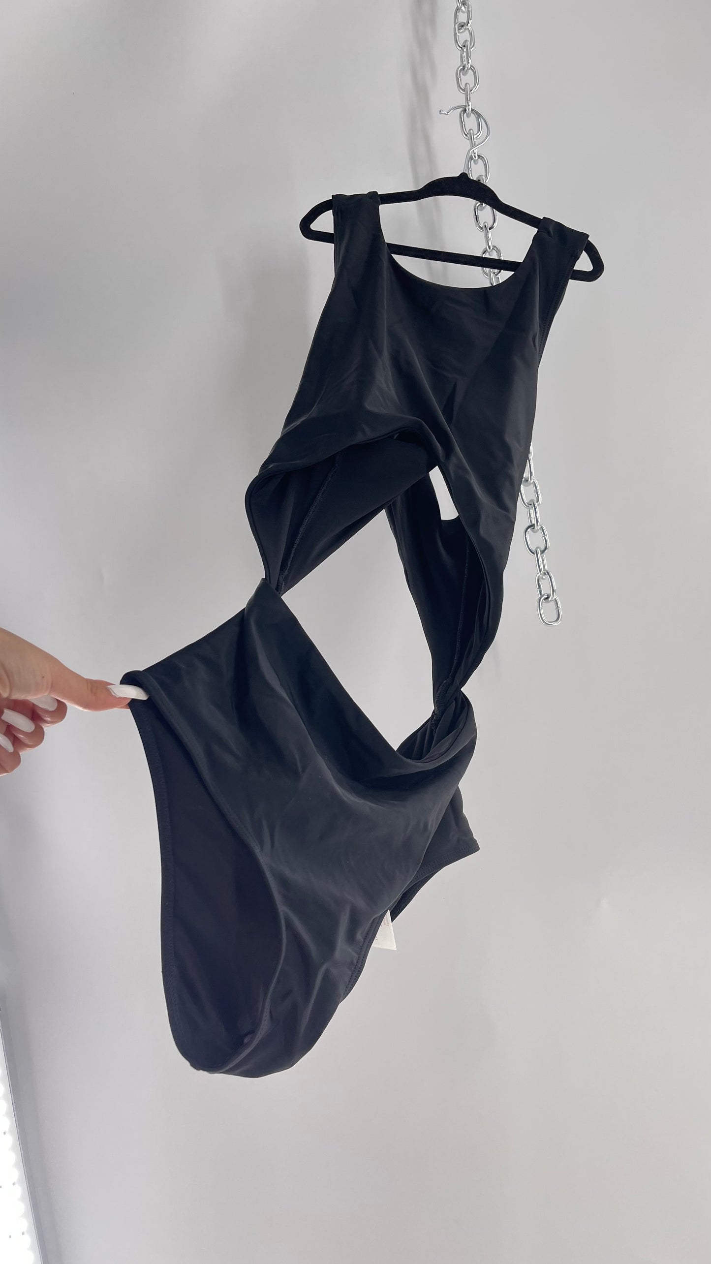 Lolli Swim Black Swimsuit with High Neck, Cross Over Back and Cut Outs (Medium)