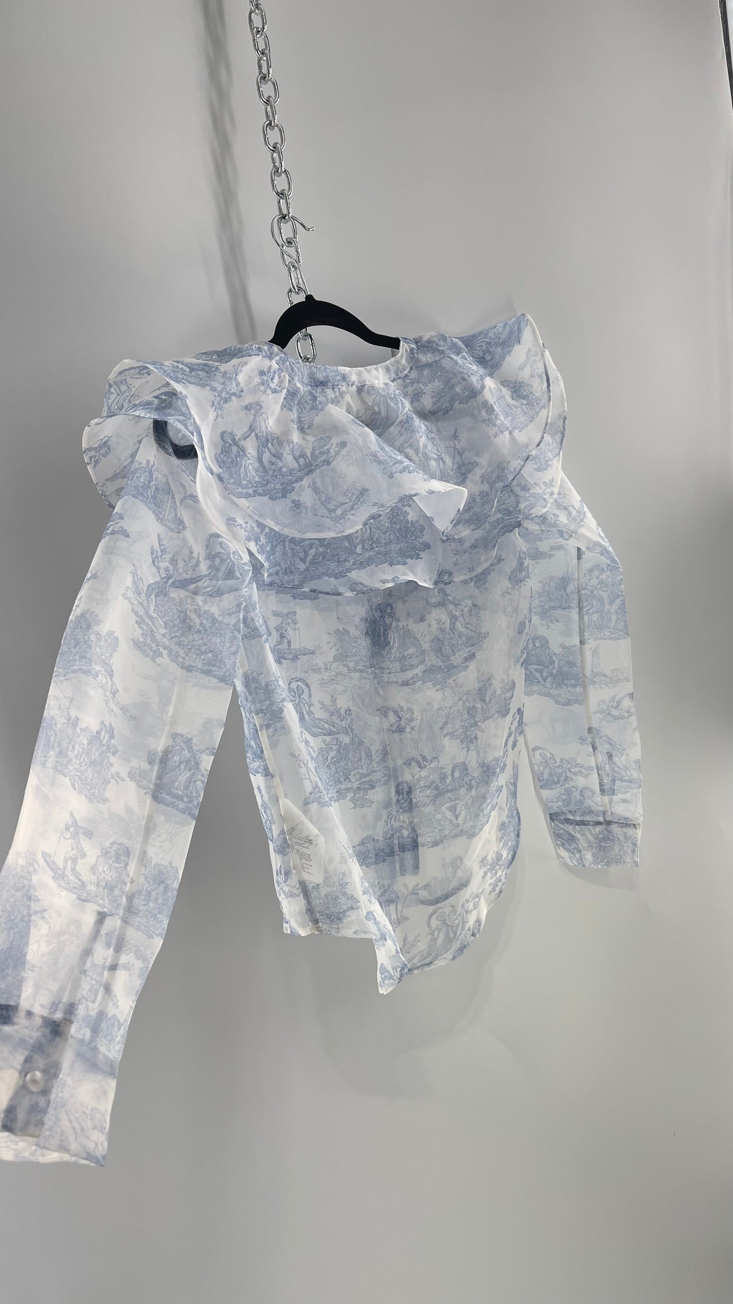 Laura Ashley Urban Outfitters Voile Sheer Ruffled Shoulder Button Up with Blue Vintage Print (XS)