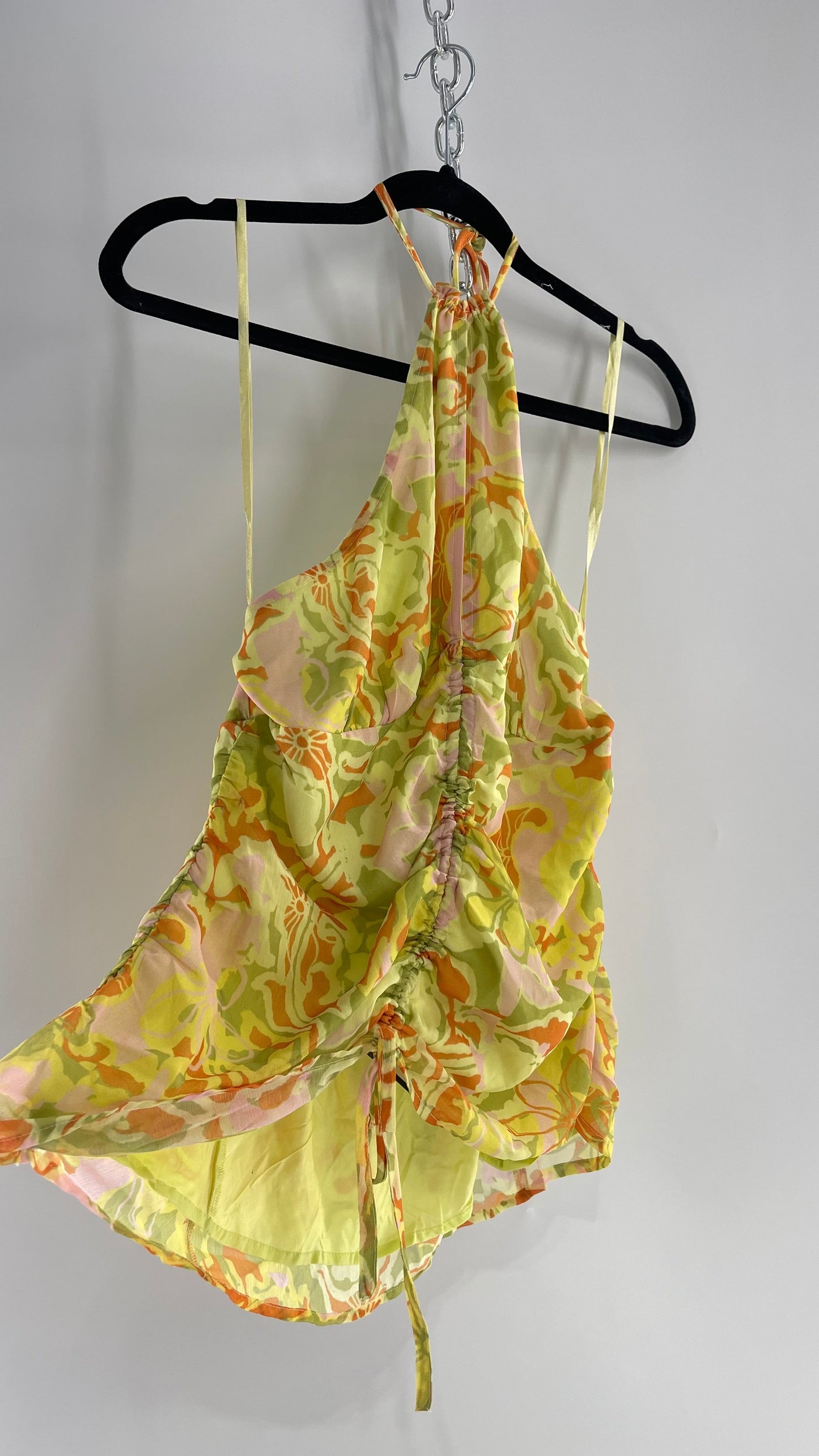 Free People Lime Green and Yellow Ruched Blouse with Cut Out Bust, Adjustable Scrunched Torso and Tie Neck Tank (XS)