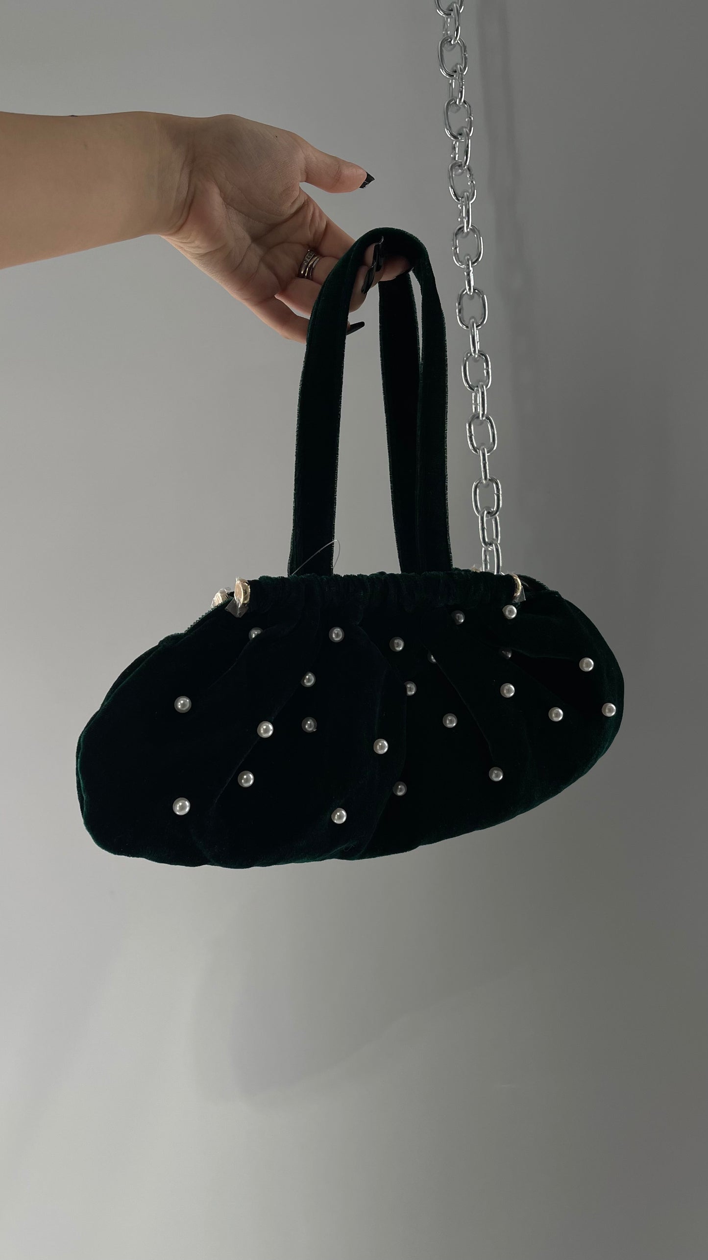Vintage Deep Green Velvet Purse Covered in Pearls, and Featuring Gold Metal Closure Still Lined in Protective Plastic