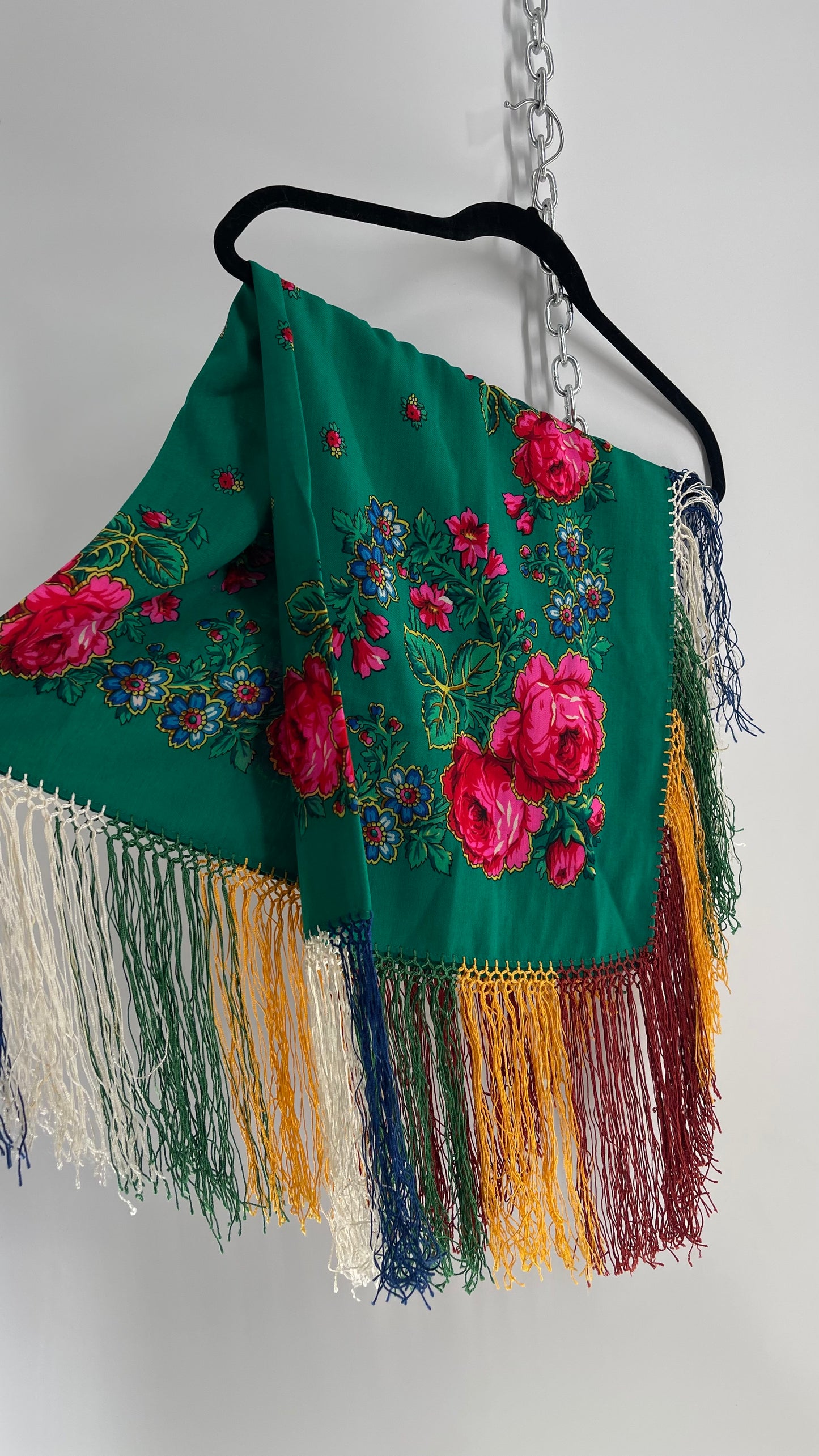 Vintage Shawl with Roses and Tassel Fringe