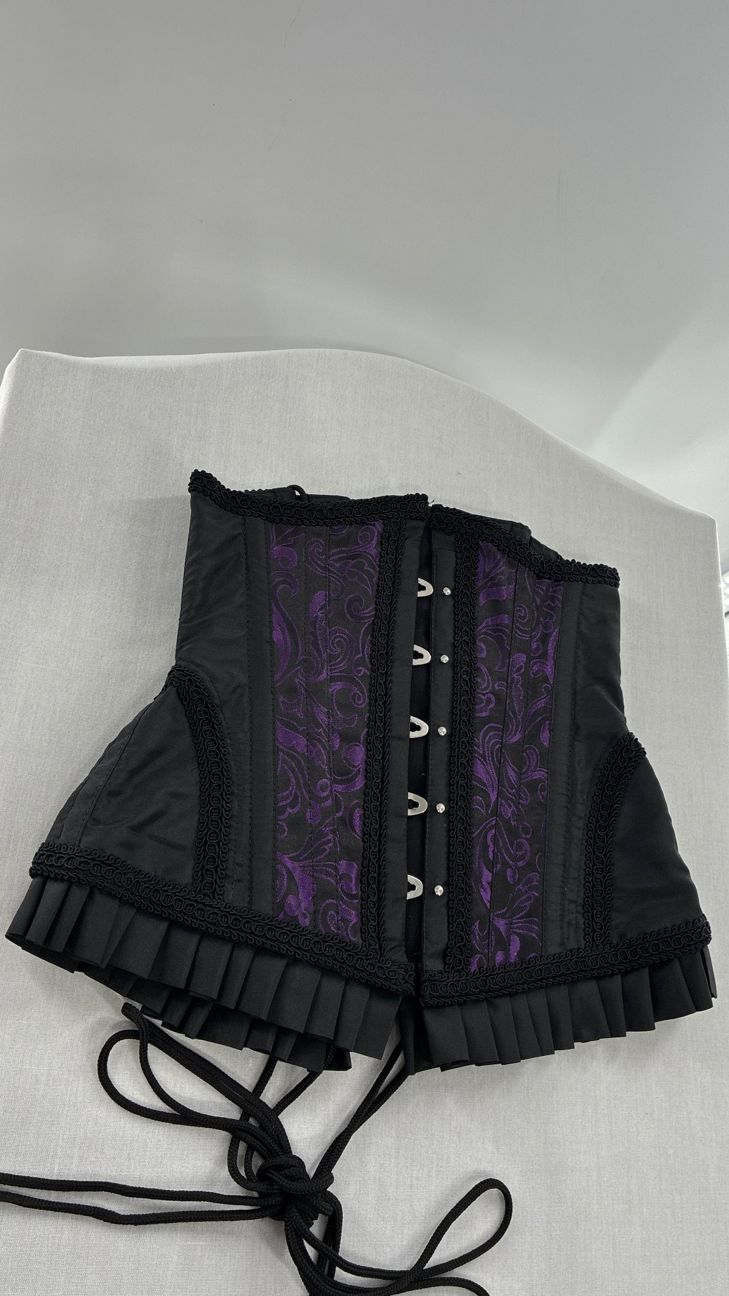 Vintage Black and Purple Brocade Corset with Pleated, Ruffled Hem (Sz 22)