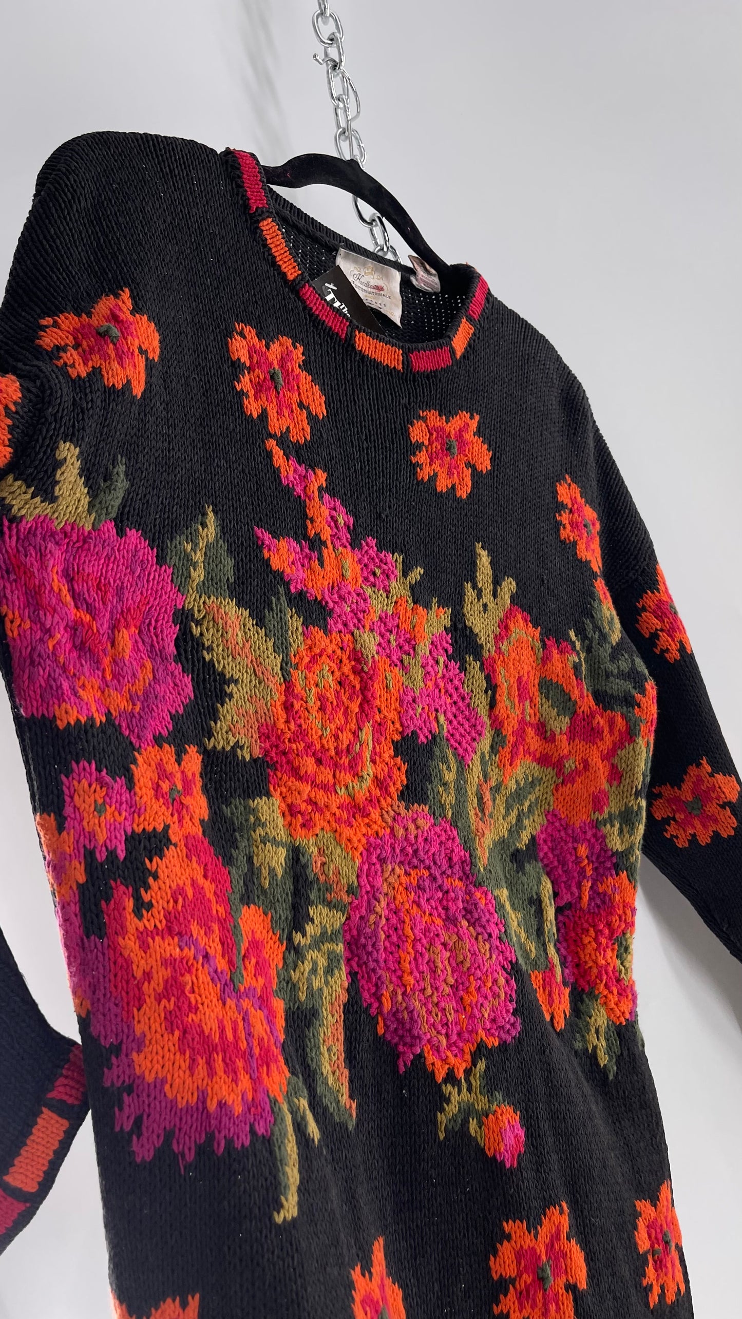 Vintage EXPRESS Black Hand Knit Sweater with Orange and Fuchsia Contrasting Florals (One Size)