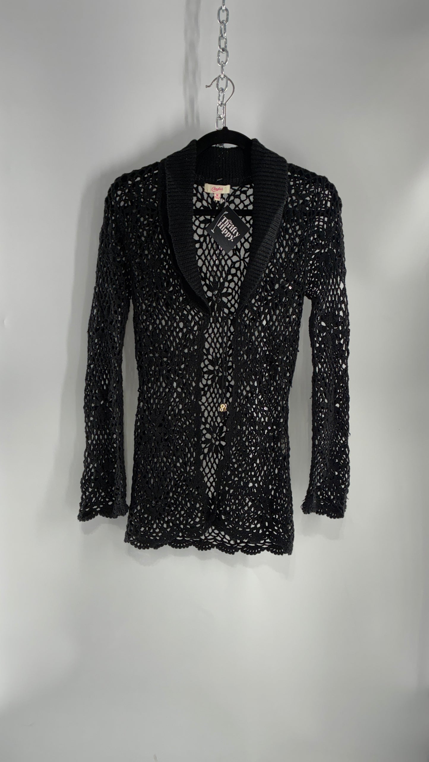 Vintage CANDIES Black Crochet Knit Cardigan with Bust Tie (Medium)
