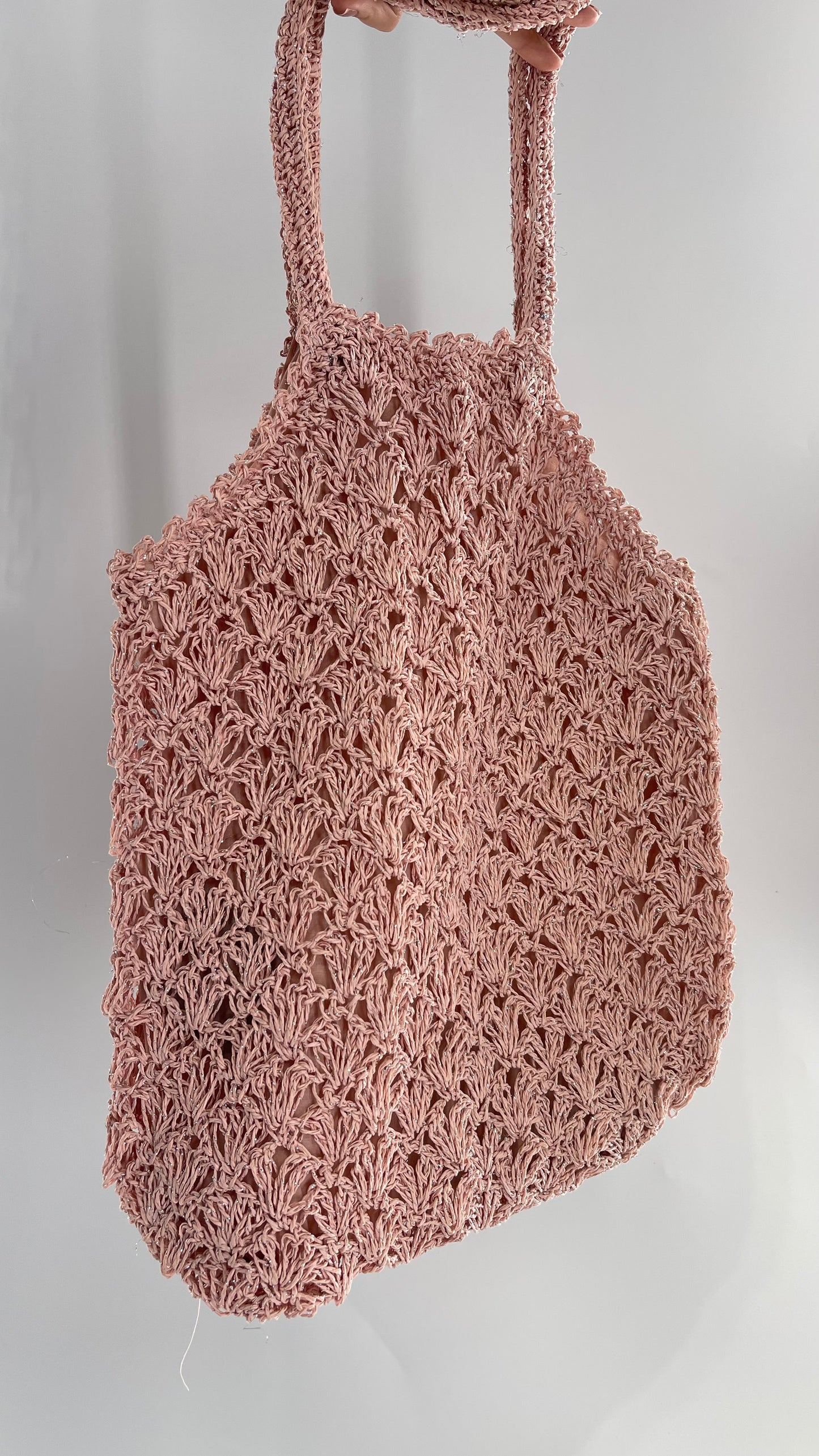 Urban Outfitters Baby Pink Straw Tote Bag with Silver Tinsel