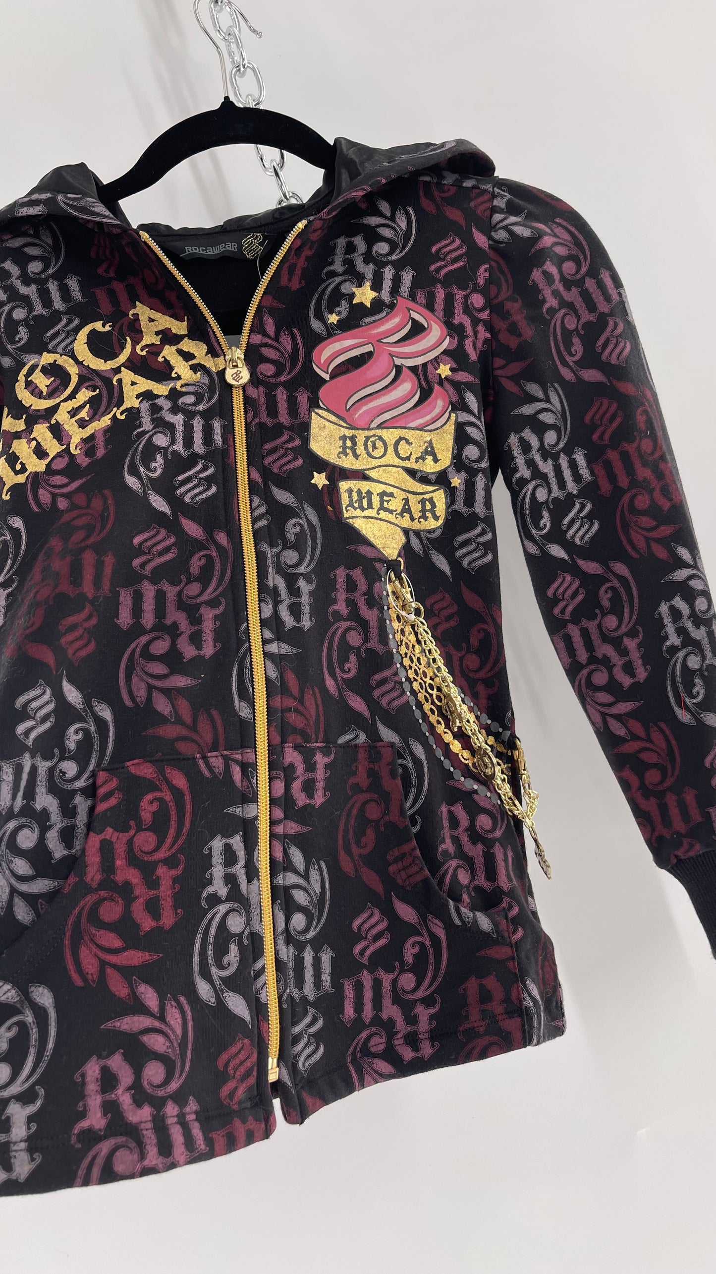 Vintage All Over Rocawear Logo Zip Up Hoodie with Gold Charm Chain and Silky Hood (XS/S)