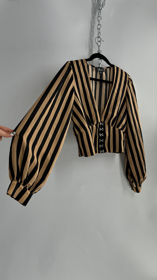 LULUS Striped Tan and Black Balloon and Corseted Waist (Medium)