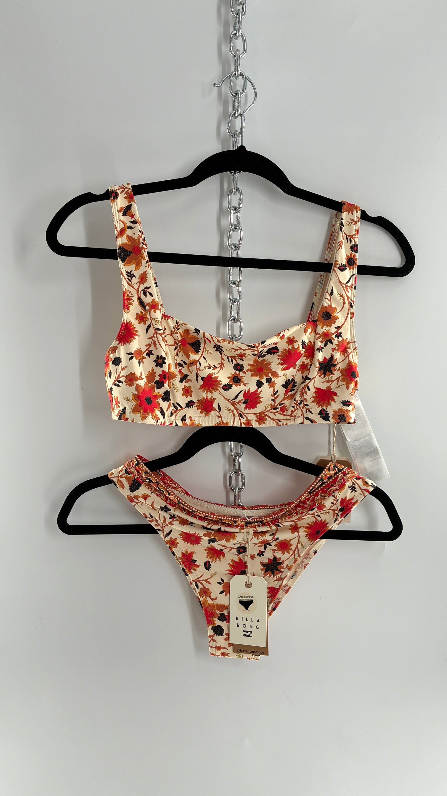 BILLABONG Orange Florals Swimsuit with Tags Attached (Medium)